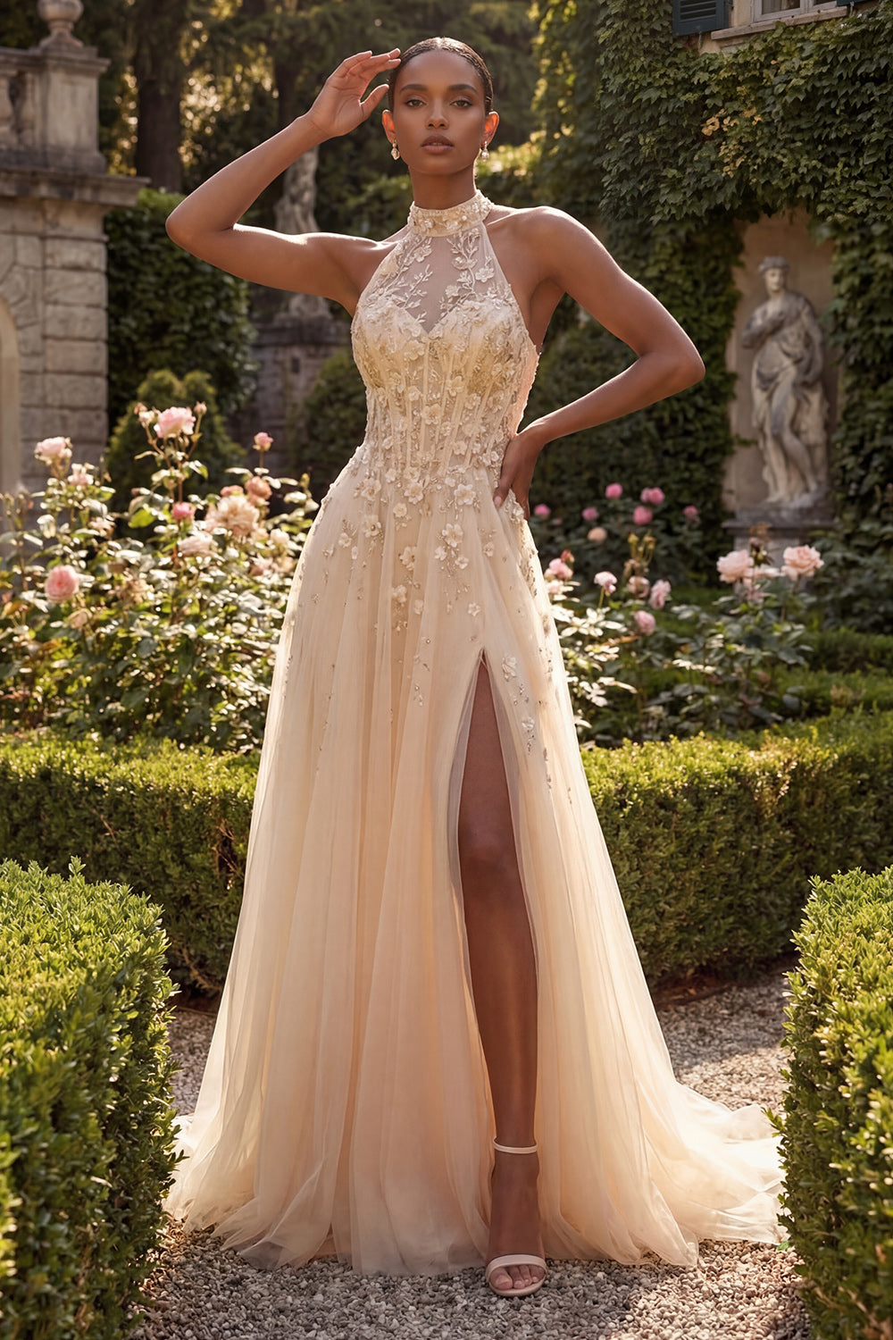 A Line High Neck Floral Corset Blush Long Prom Dress with Slit