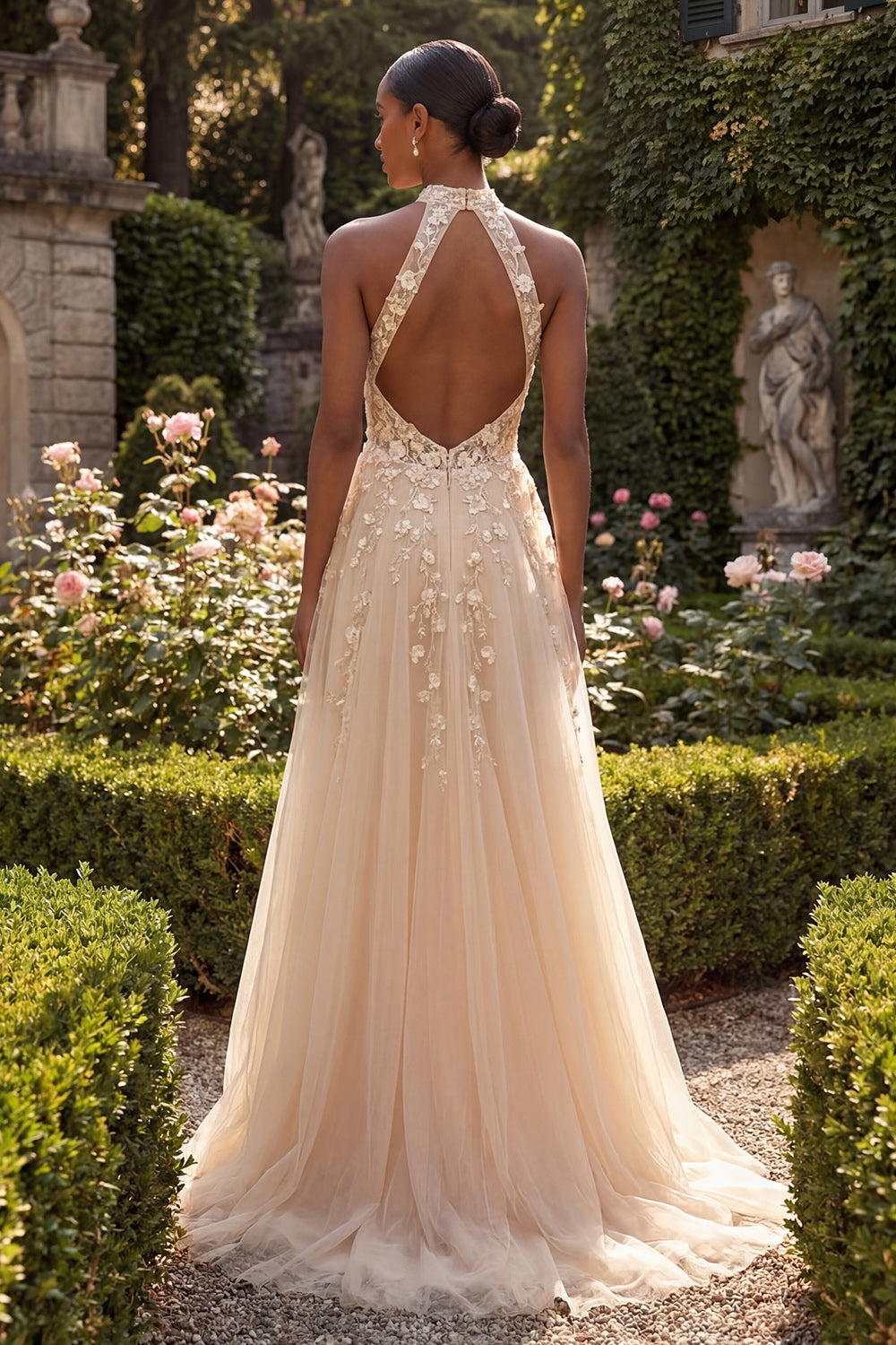 A Line High Neck Floral Corset Blush Long Prom Dress with Slit