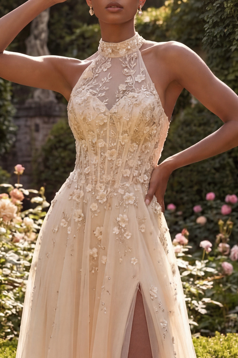 A Line High Neck Floral Corset Blush Long Prom Dress with Slit