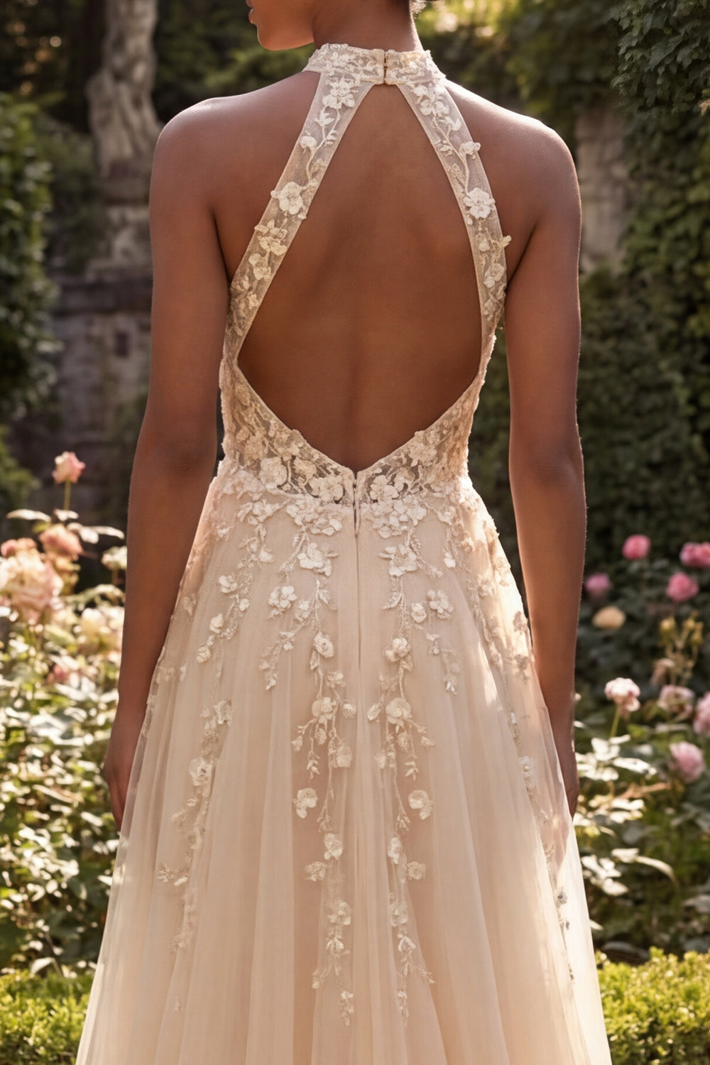 A Line High Neck Floral Corset Blush Long Prom Dress with Slit