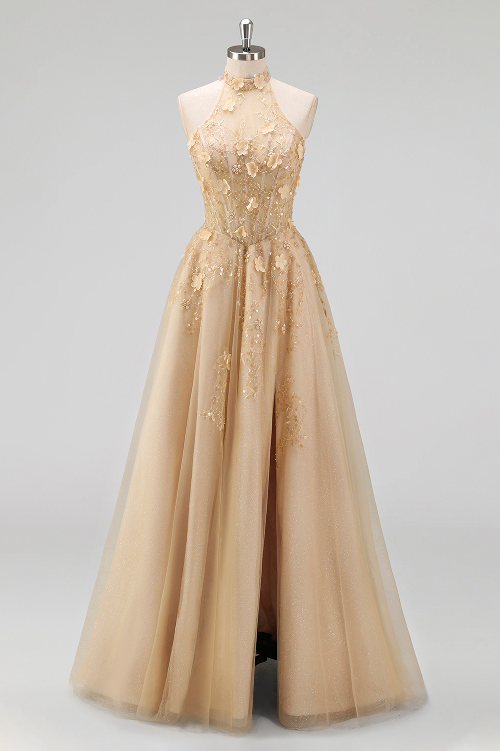 A Line High Neck Floral Corset Blush Long Prom Dress with Slit