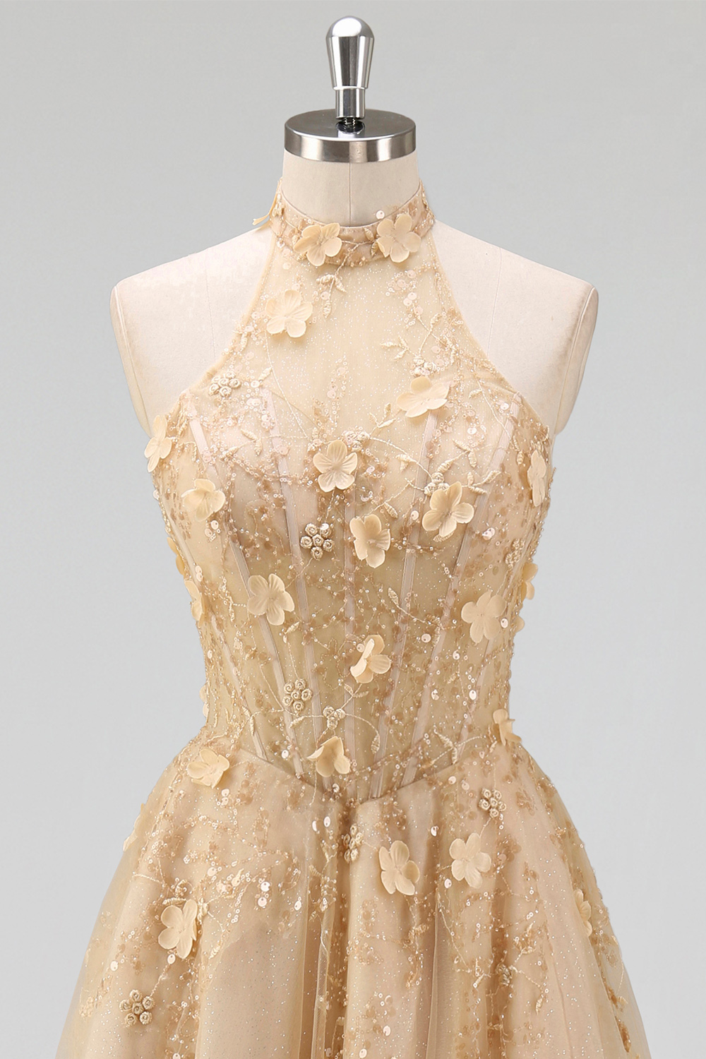 A Line High Neck Floral Corset Blush Long Prom Dress with Slit