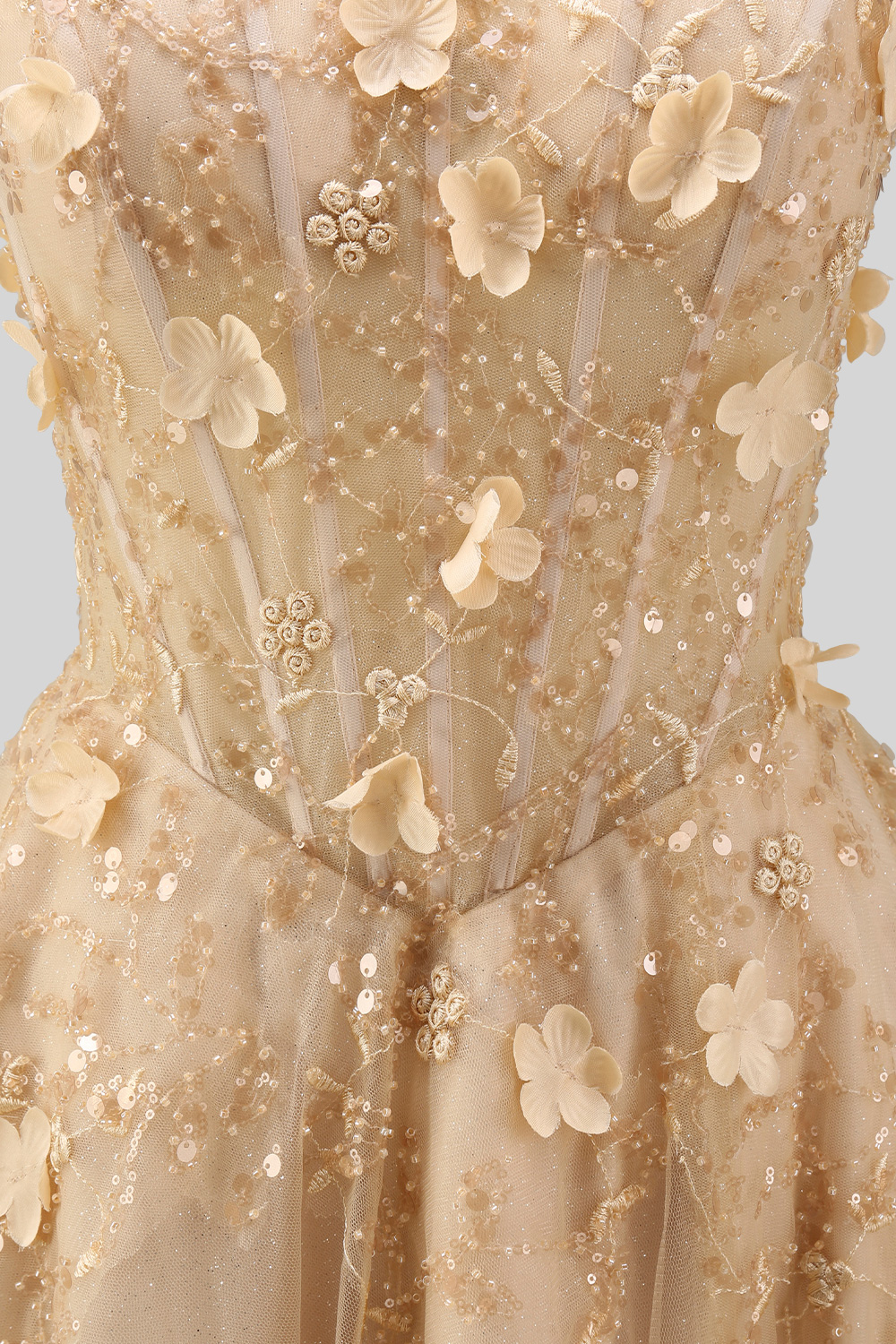 A Line High Neck Floral Corset Blush Long Prom Dress with Slit