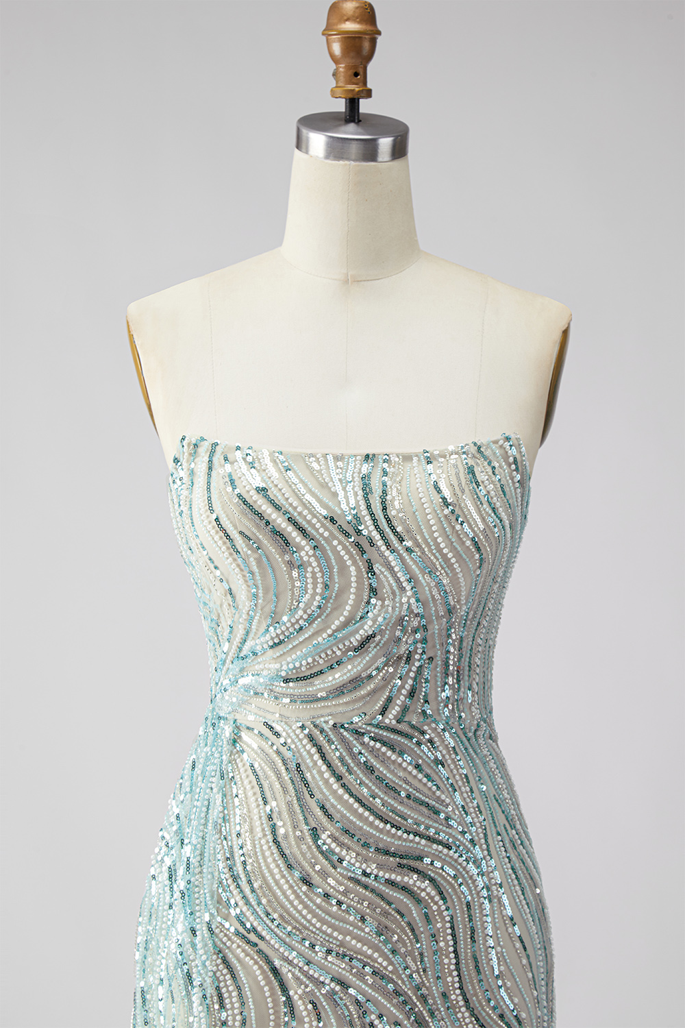 Sparkly Blue Mermaid Beaded Long Strapless Gala Dress with Side Cape