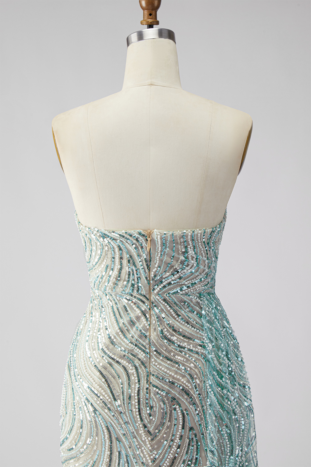 Sparkly Blue Mermaid Beaded Long Strapless Gala Dress with Side Cape