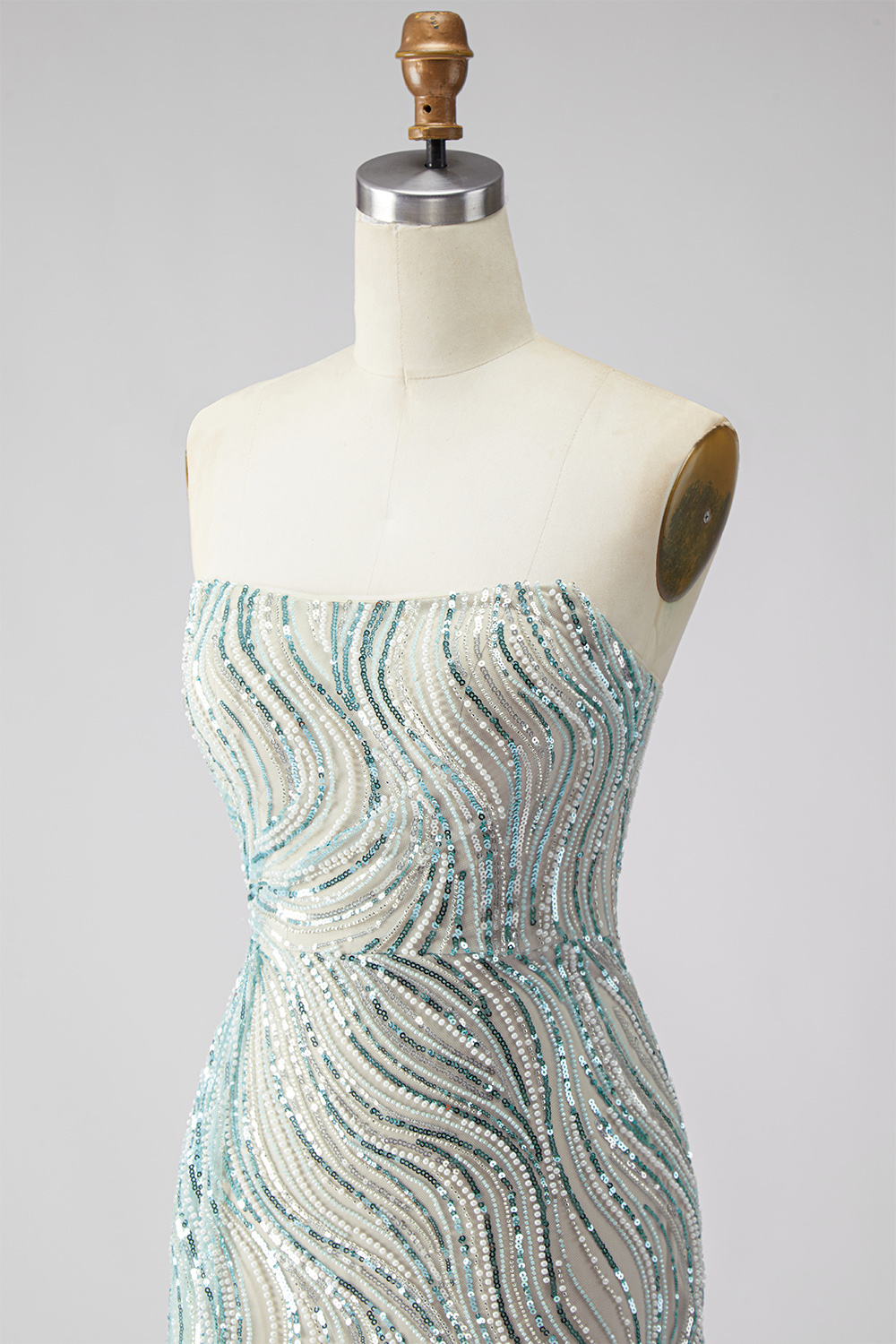 Sparkly Blue Mermaid Beaded Long Strapless Gala Dress with Side Cape
