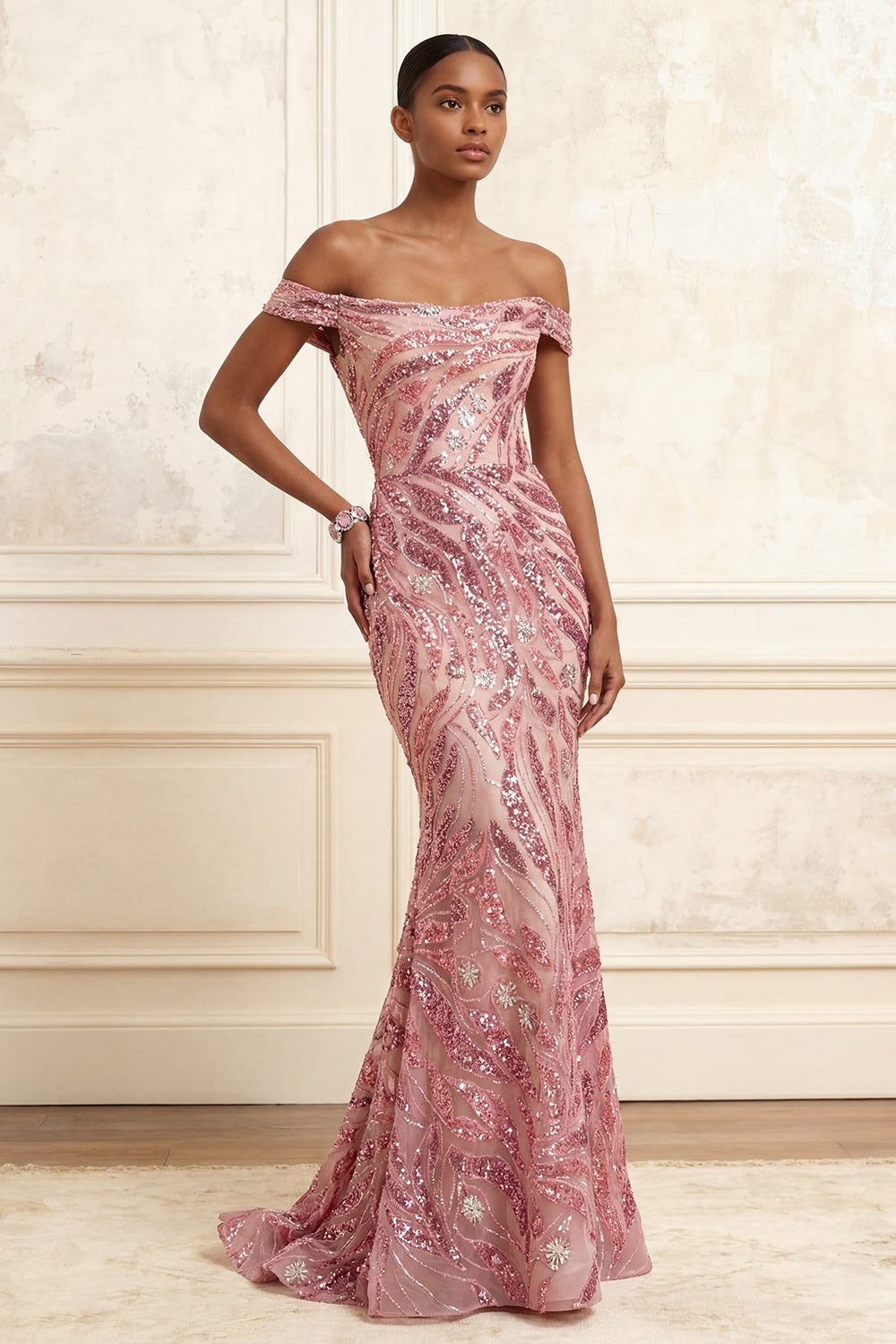 Sparkly Pink Long Off the Shoulder Mermaid Beaded Gala Dress