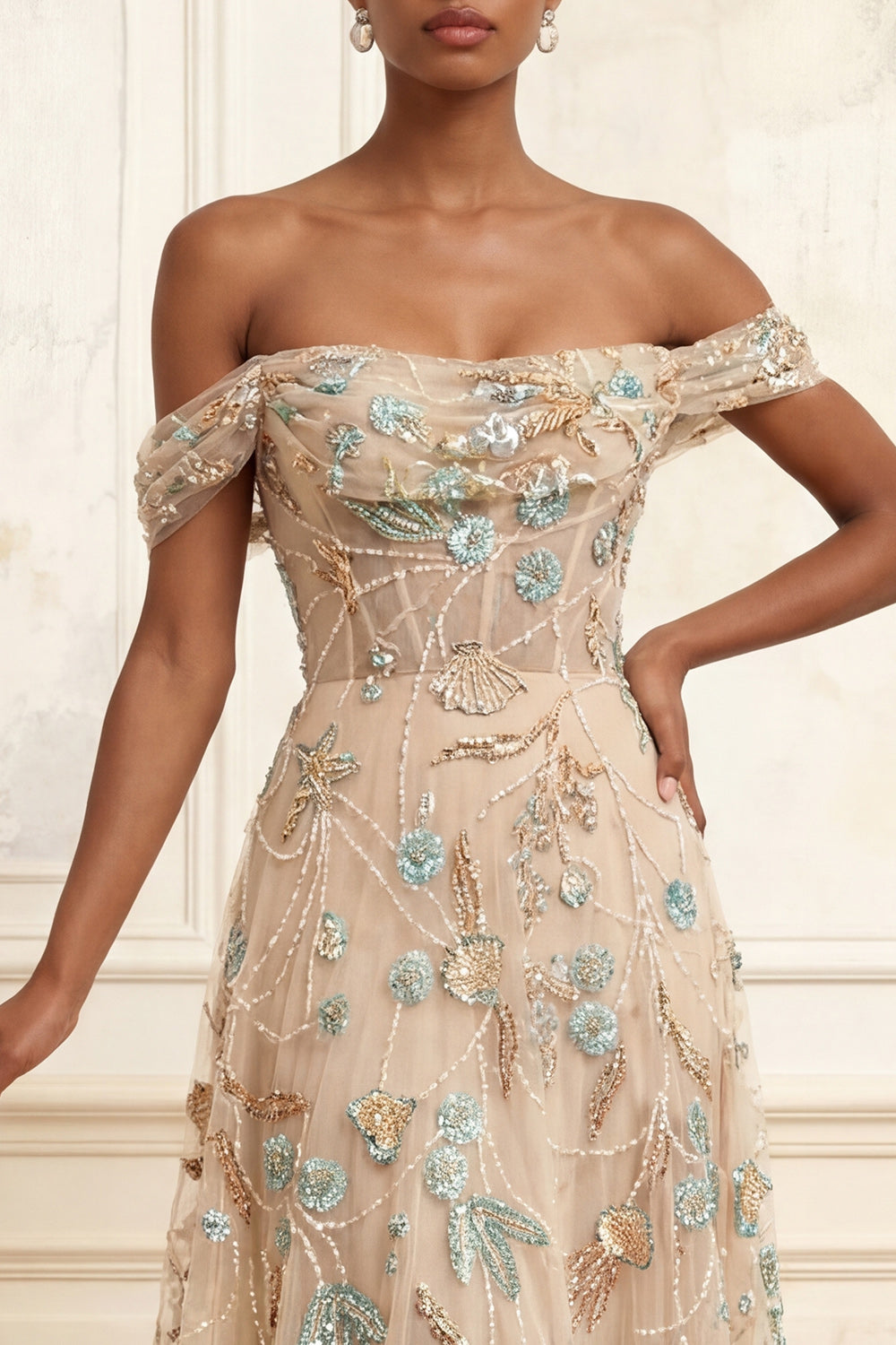 A Line Sparkly Champagne Beaded Long Corset Floral Gala Dress