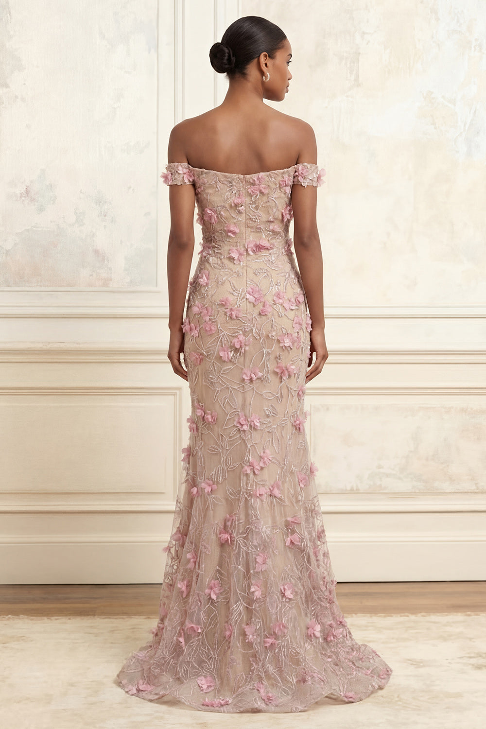 Floral Beaded Sparkly Pink Long Off the Shoulder Mermaid Gala Dress