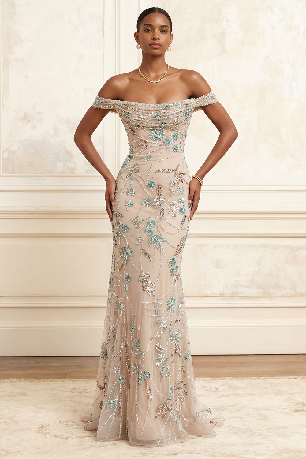 Long Floral Sparkly Champagne Beaded Off the Shoulder Gala Dress