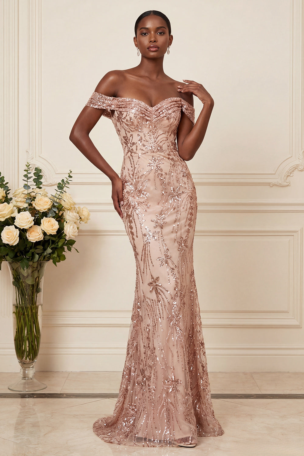 Sparkly Blush Long Floral Beaded Off the Shoulder Gala Dress