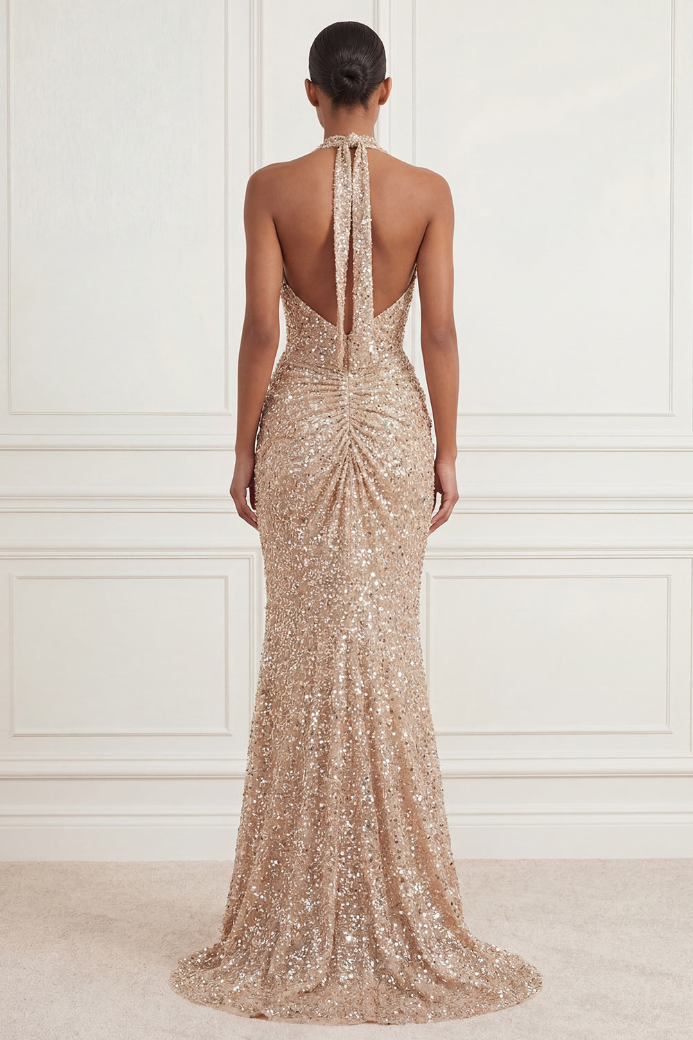 Sparkly Champagne Long Halter Ruched Beaded Gala Dress with Slit