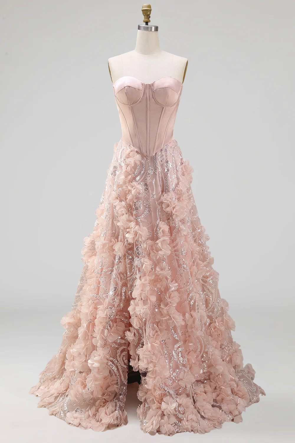 Long Strapless Beaded A Line Floral Corset Sparkly Blush Gala Dress with Slit