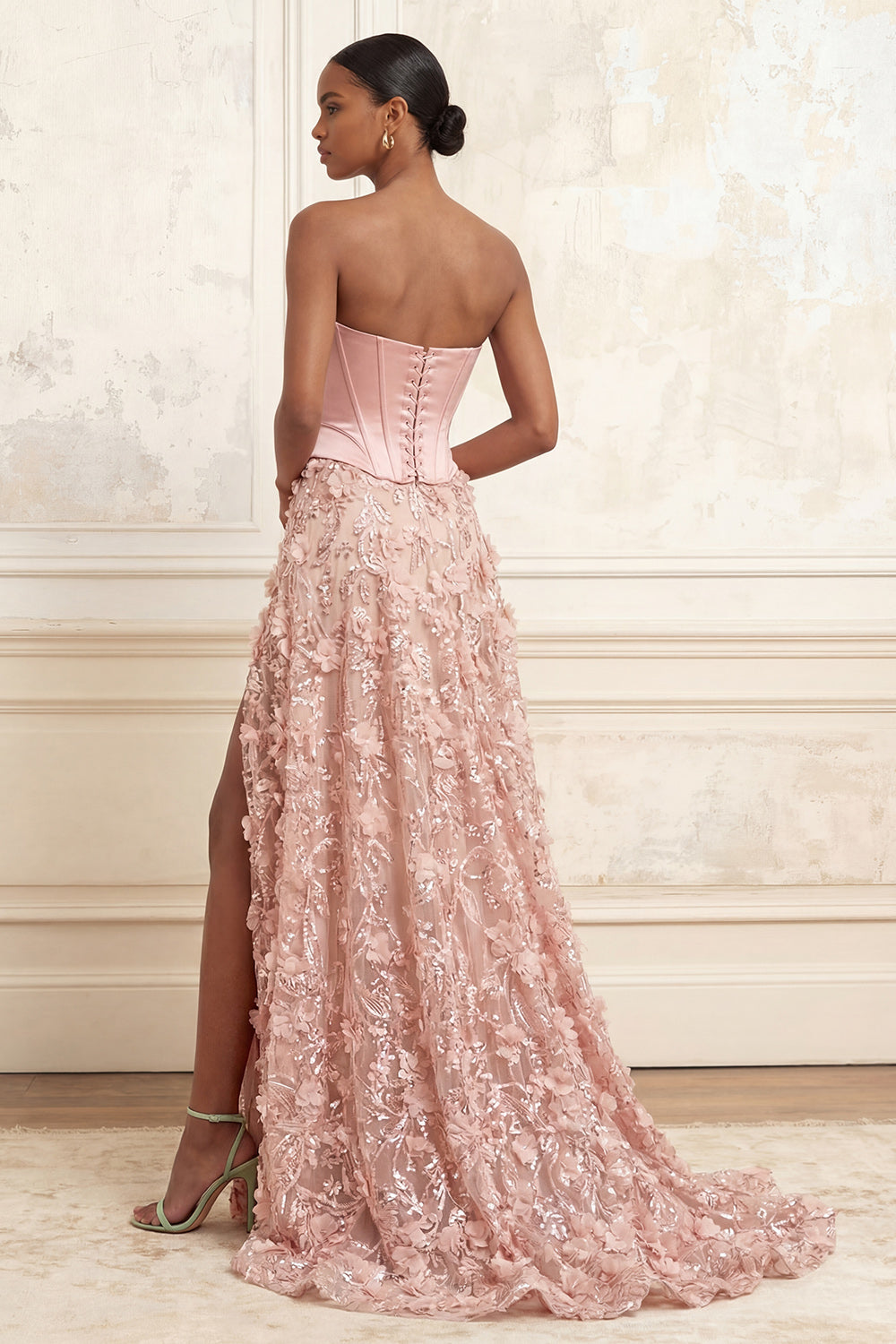 Long Strapless Beaded A Line Floral Corset Sparkly Blush Gala Dress with Slit