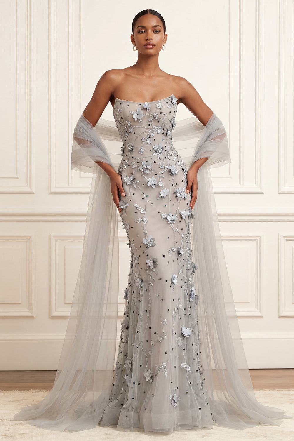 Floral Silver Long Strapless Mermaid Gala Dress with Shawl