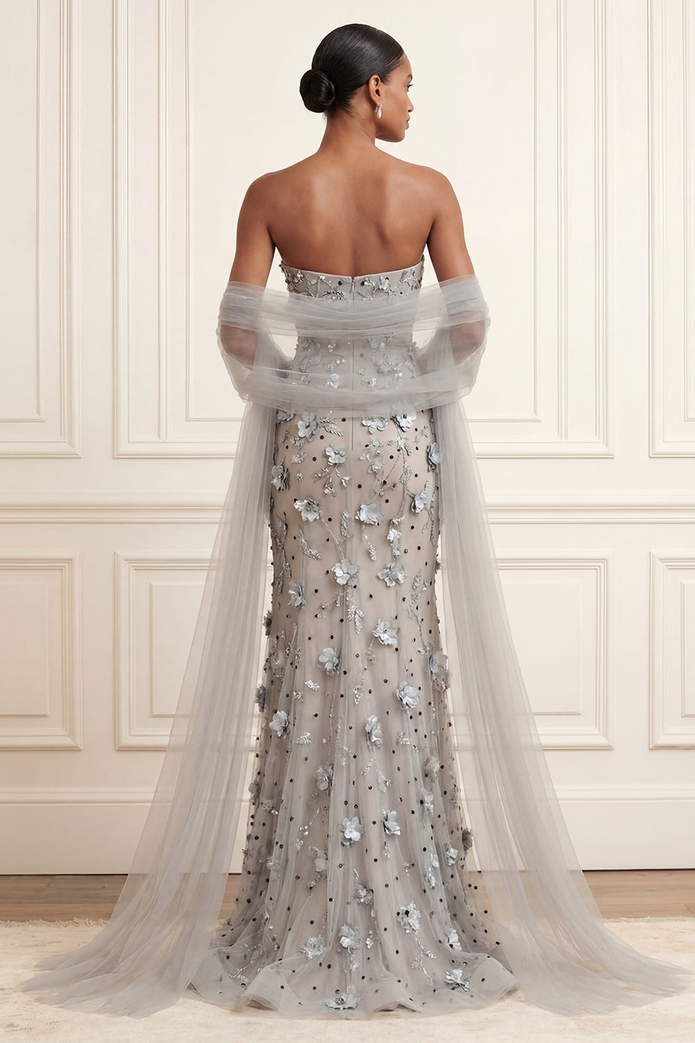 Floral Silver Long Strapless Mermaid Gala Dress with Shawl