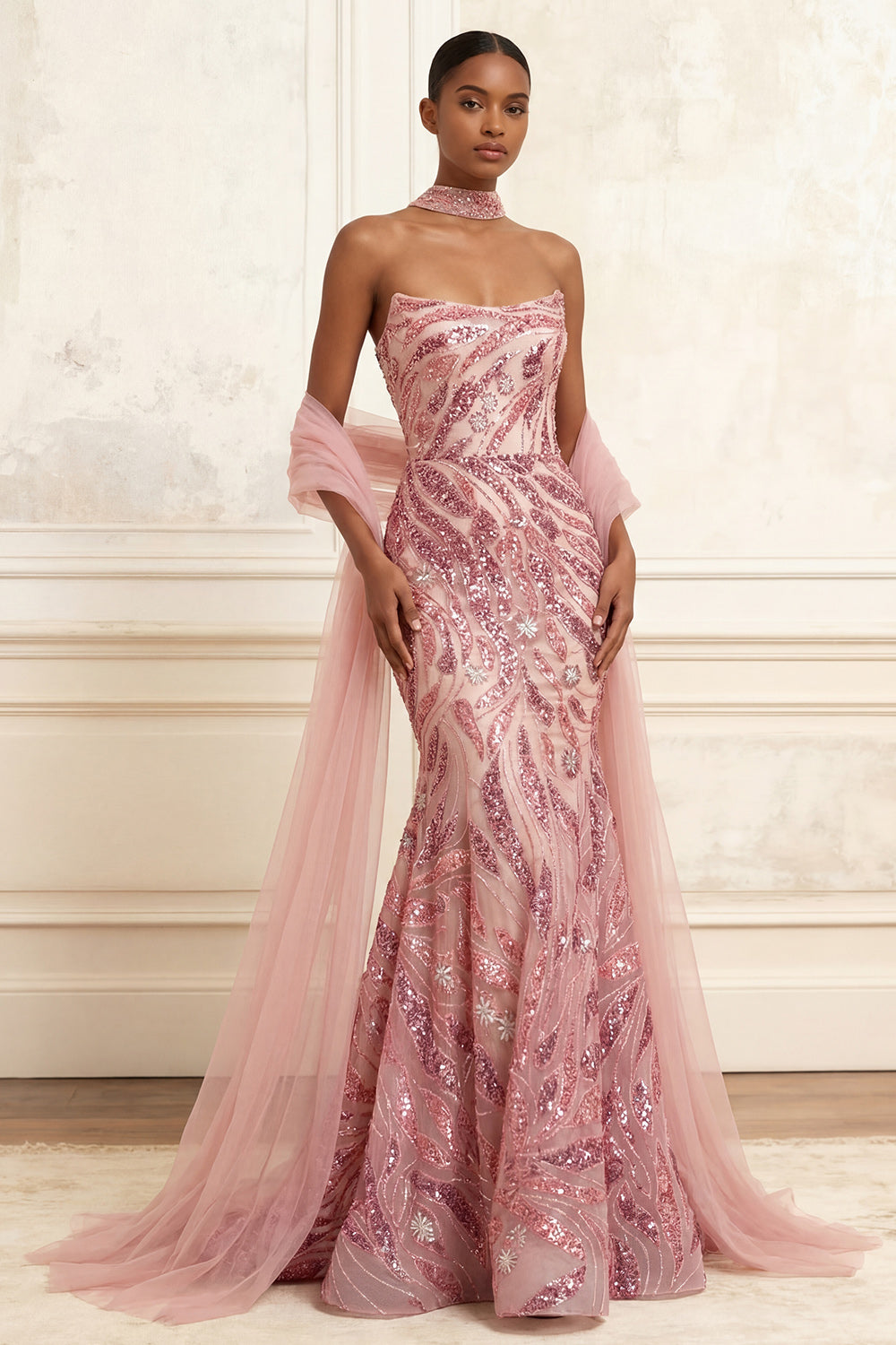 Strapless Sparkly Pink Long Mermaid Beaded Gala Dress with Shawl
