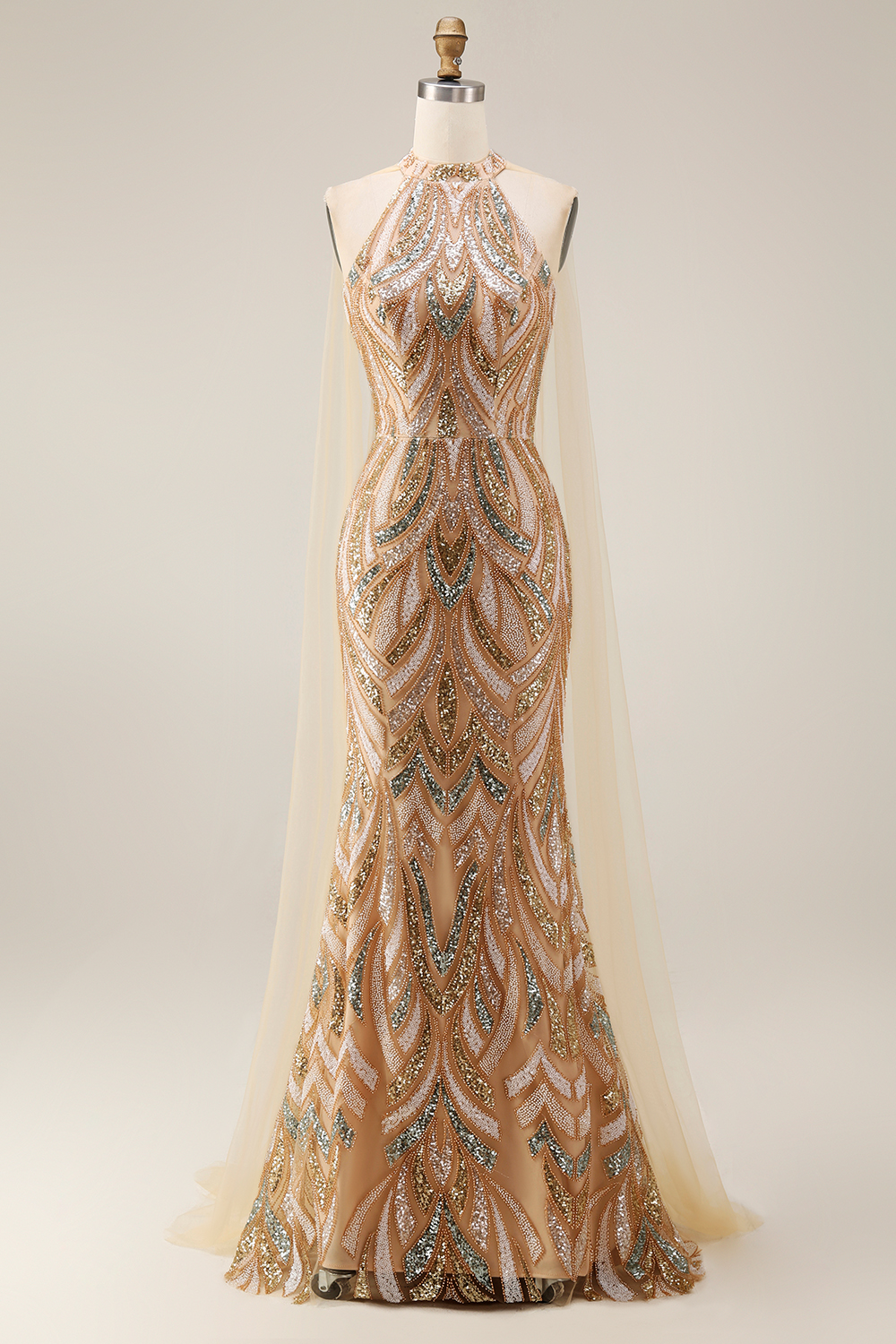 High Neck Sparkly Champagne Long Beaded Gala Dress with Cape
