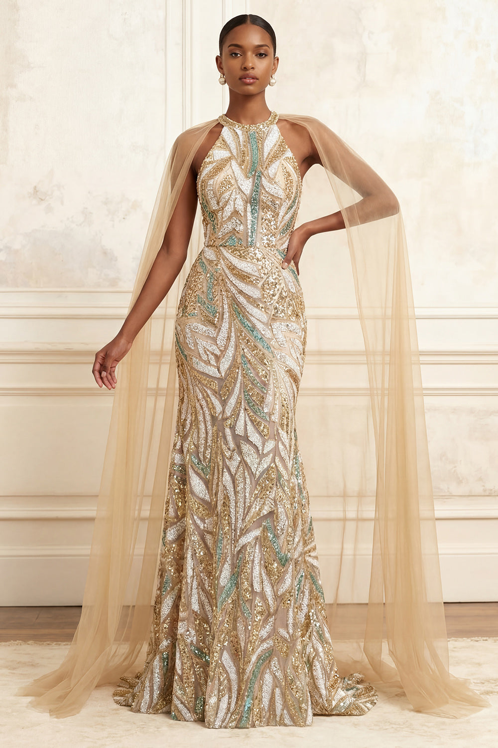 High Neck Sparkly Champagne Long Beaded Gala Dress with Cape