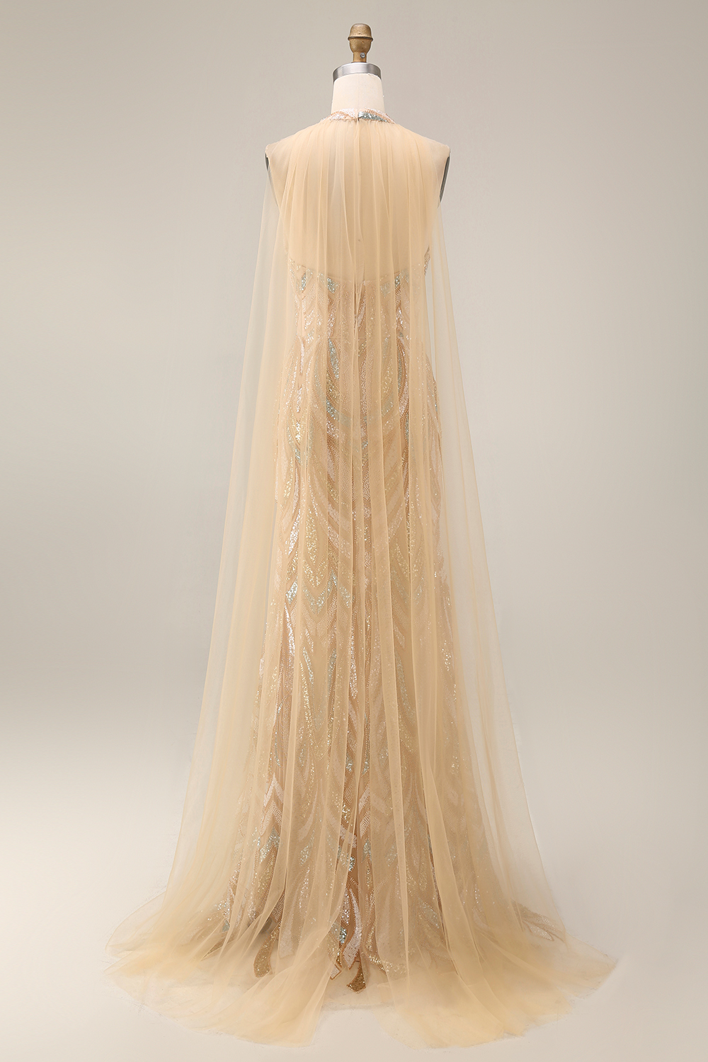 High Neck Sparkly Champagne Long Beaded Gala Dress with Cape