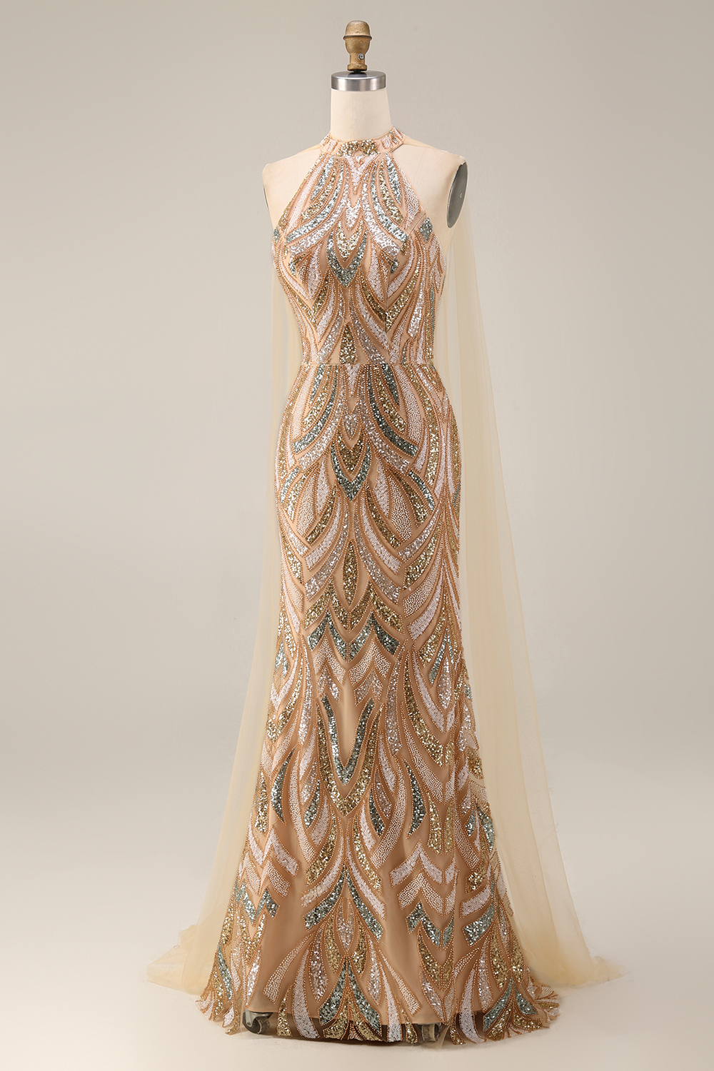 High Neck Sparkly Champagne Long Beaded Gala Dress with Cape