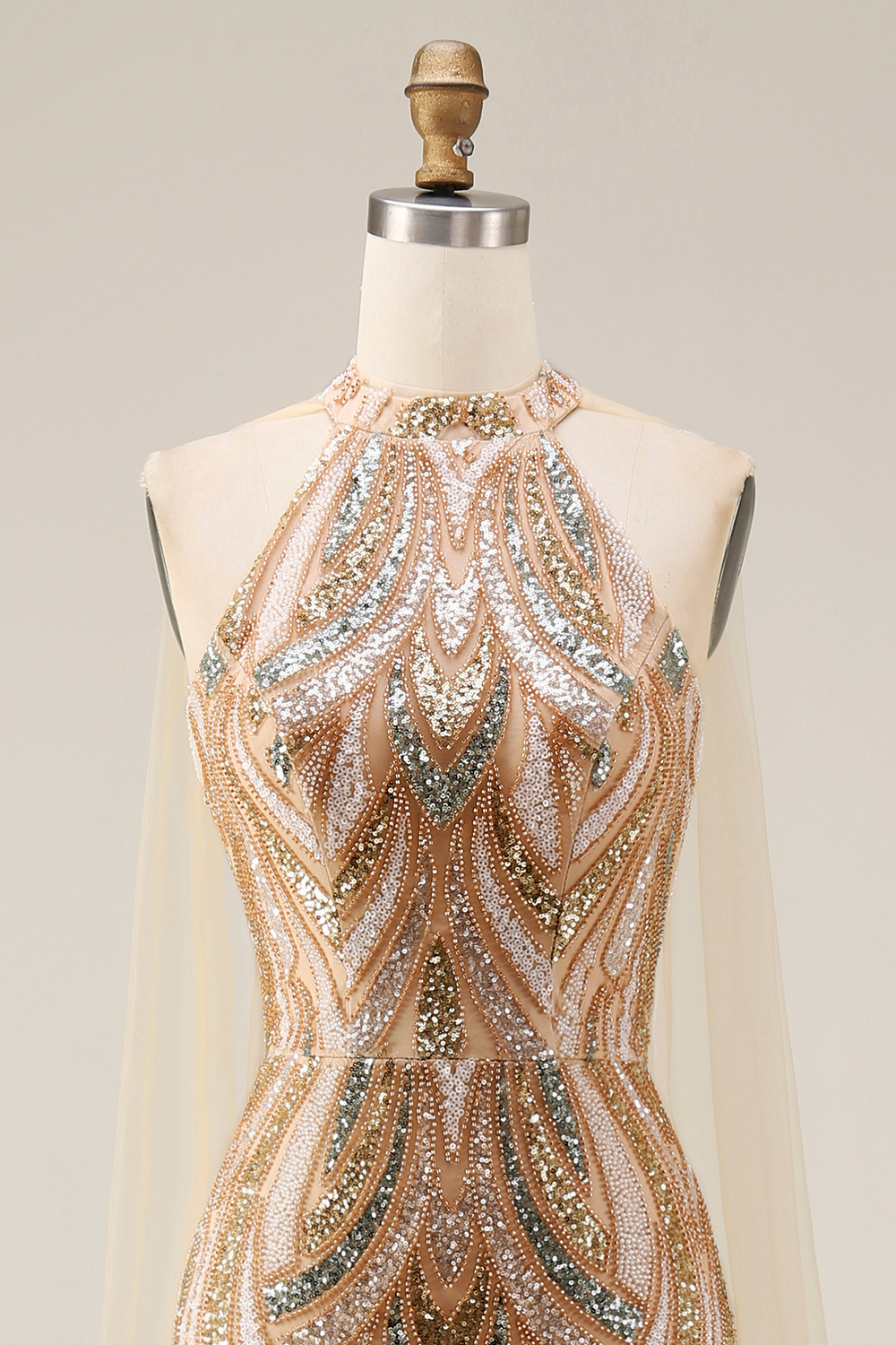 High Neck Sparkly Champagne Long Beaded Gala Dress with Cape