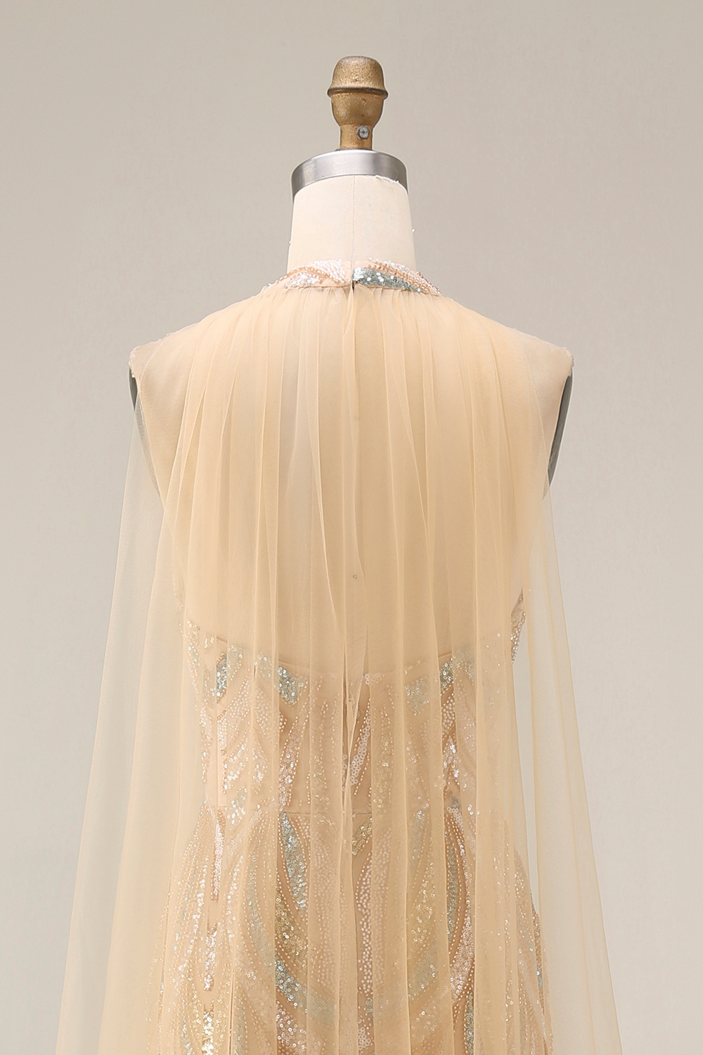 High Neck Sparkly Champagne Long Beaded Gala Dress with Cape