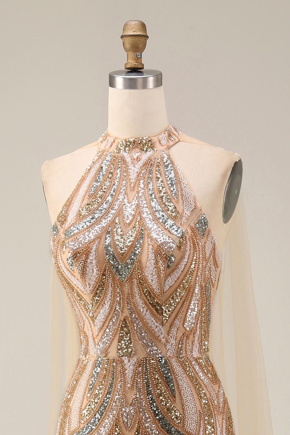 High Neck Sparkly Champagne Long Beaded Gala Dress with Cape