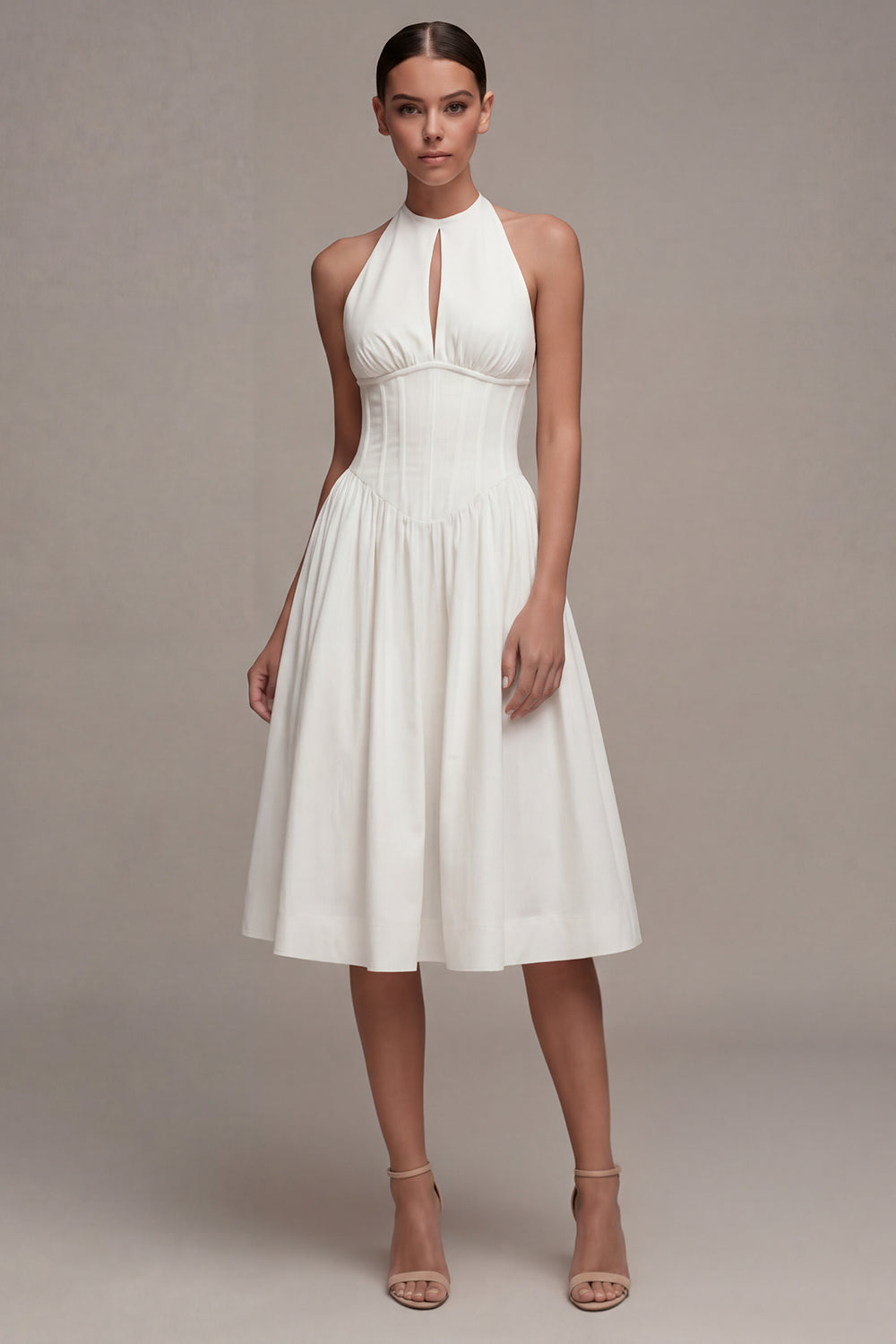 A Line Halter Corset Midi White Bridal Dress