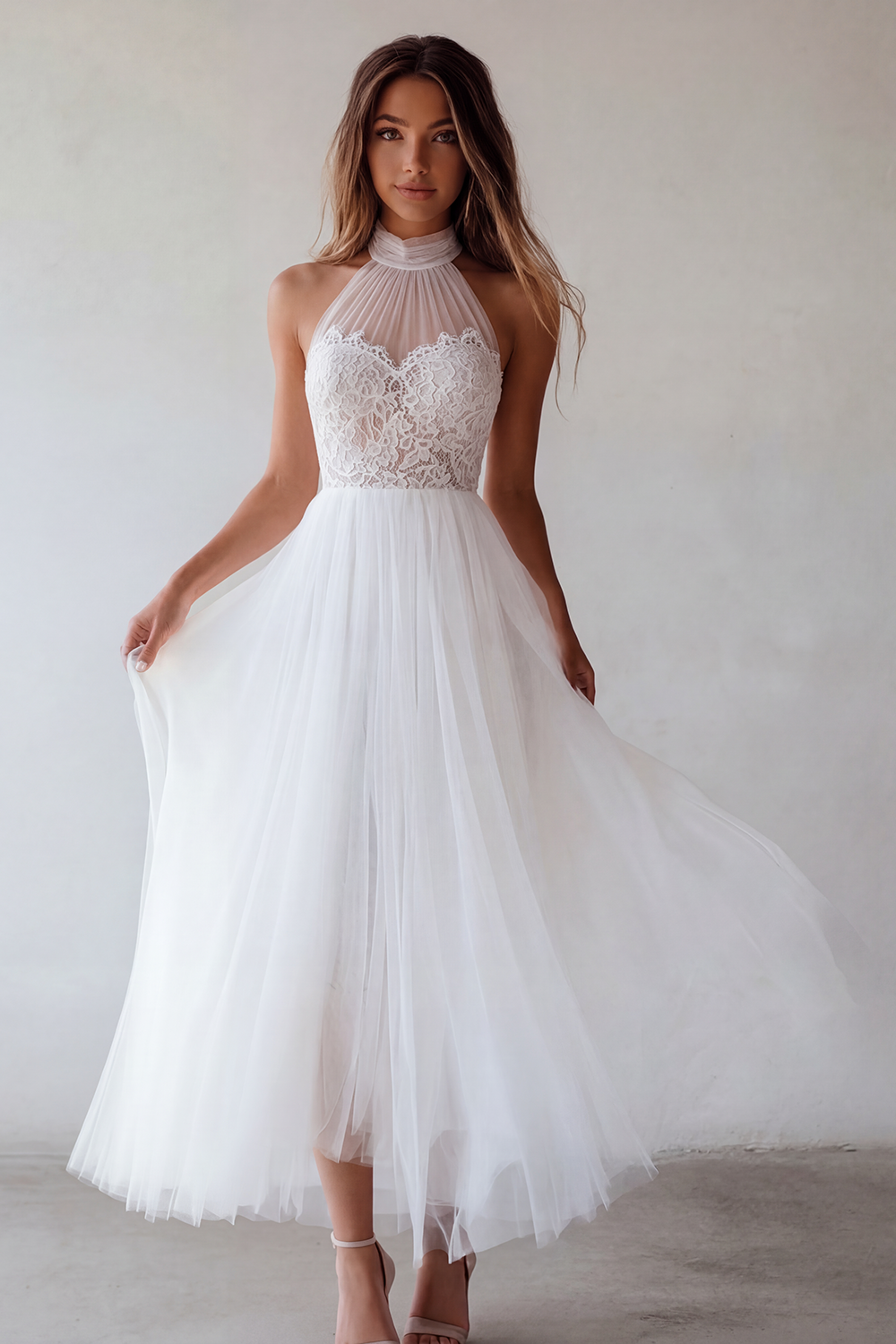 A Line White Maxi Floral Beach Wedding Dress with Lace