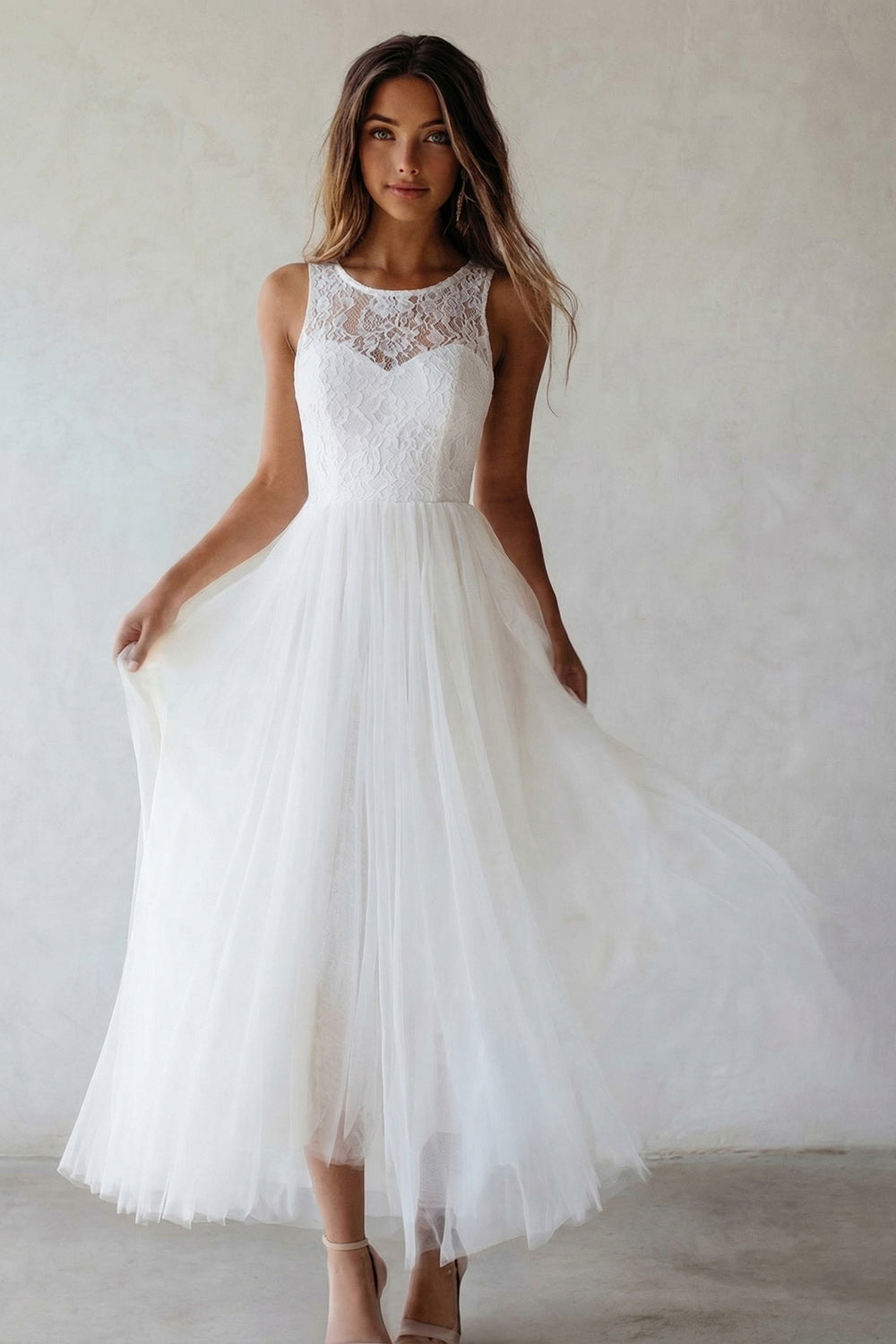 White A Line Floral Maxi Lace Engagement Dress