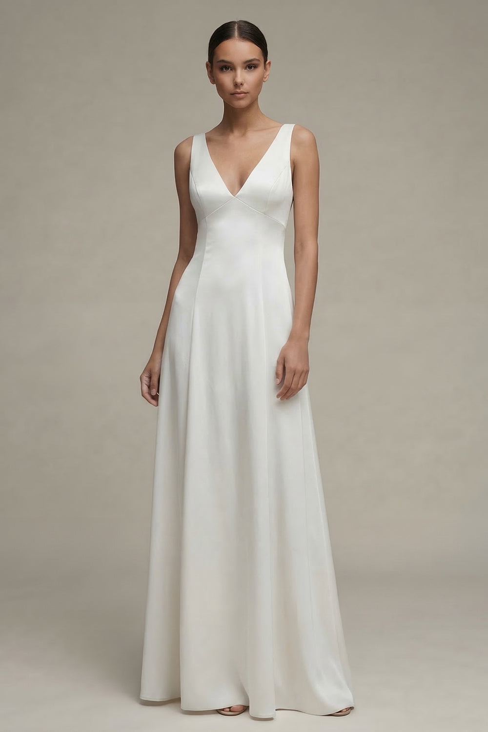 Simple A Line White V-Neck Maxi Engagement Dress