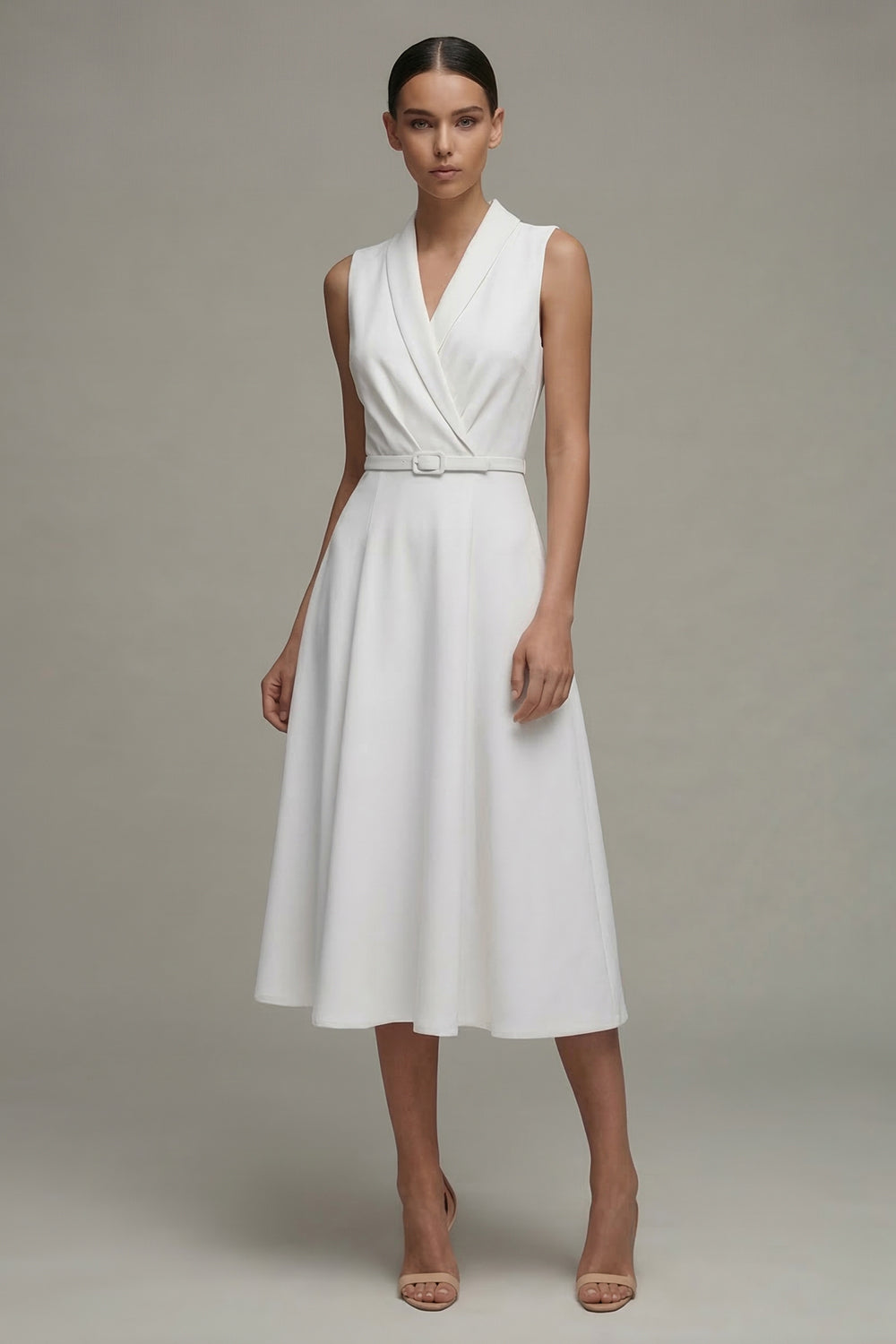Simple White Midi A Line Shawl Lapel Engagement Dress