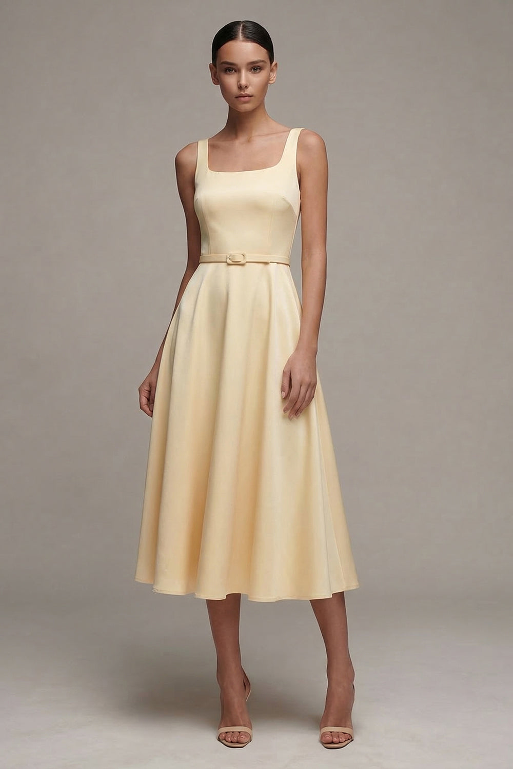 Simple Ivory A Line Square Neck Maxi Engagement Dress with Belt