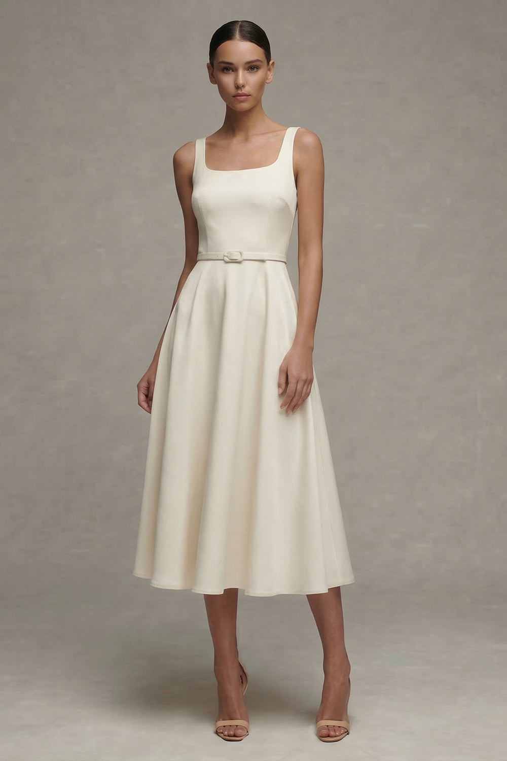 Simple Ivory A Line Square Neck Maxi Engagement Dress with Belt
