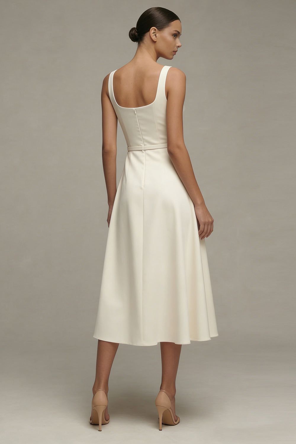 Simple Ivory A Line Square Neck Maxi Engagement Dress with Belt