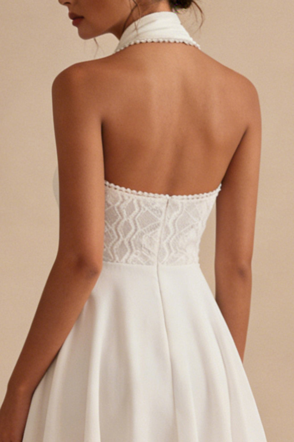 A Line Short Halter Neck Backless White Engagement Dress with Lace