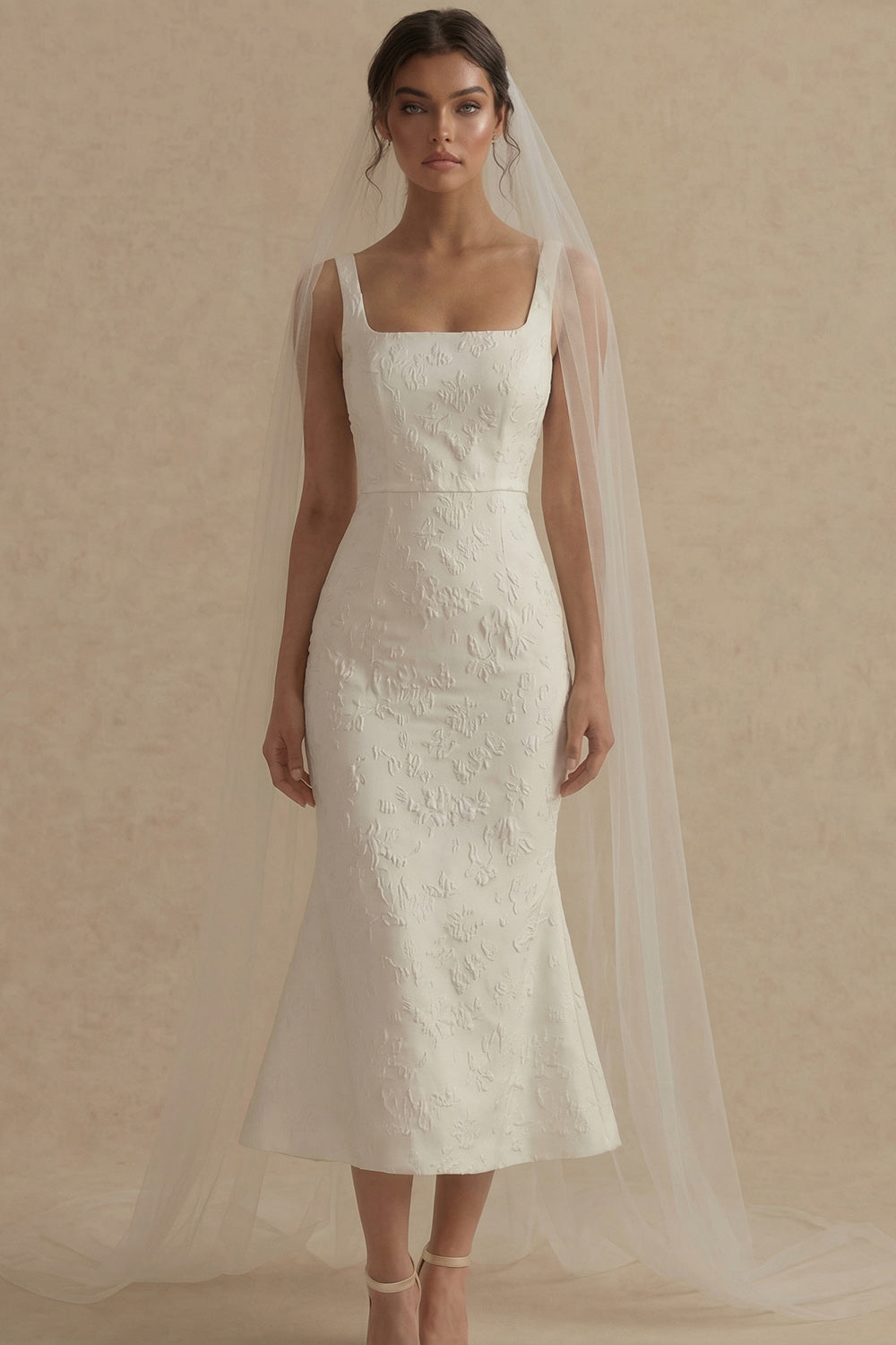 Mermaid Floral Square Neck White Maxi Engagement Dress