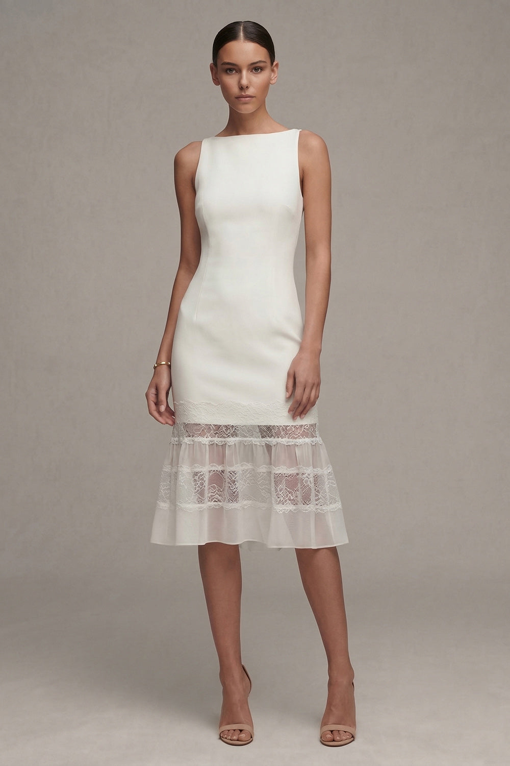 Bateau Neck Midi White Bodycon Engagement Dress