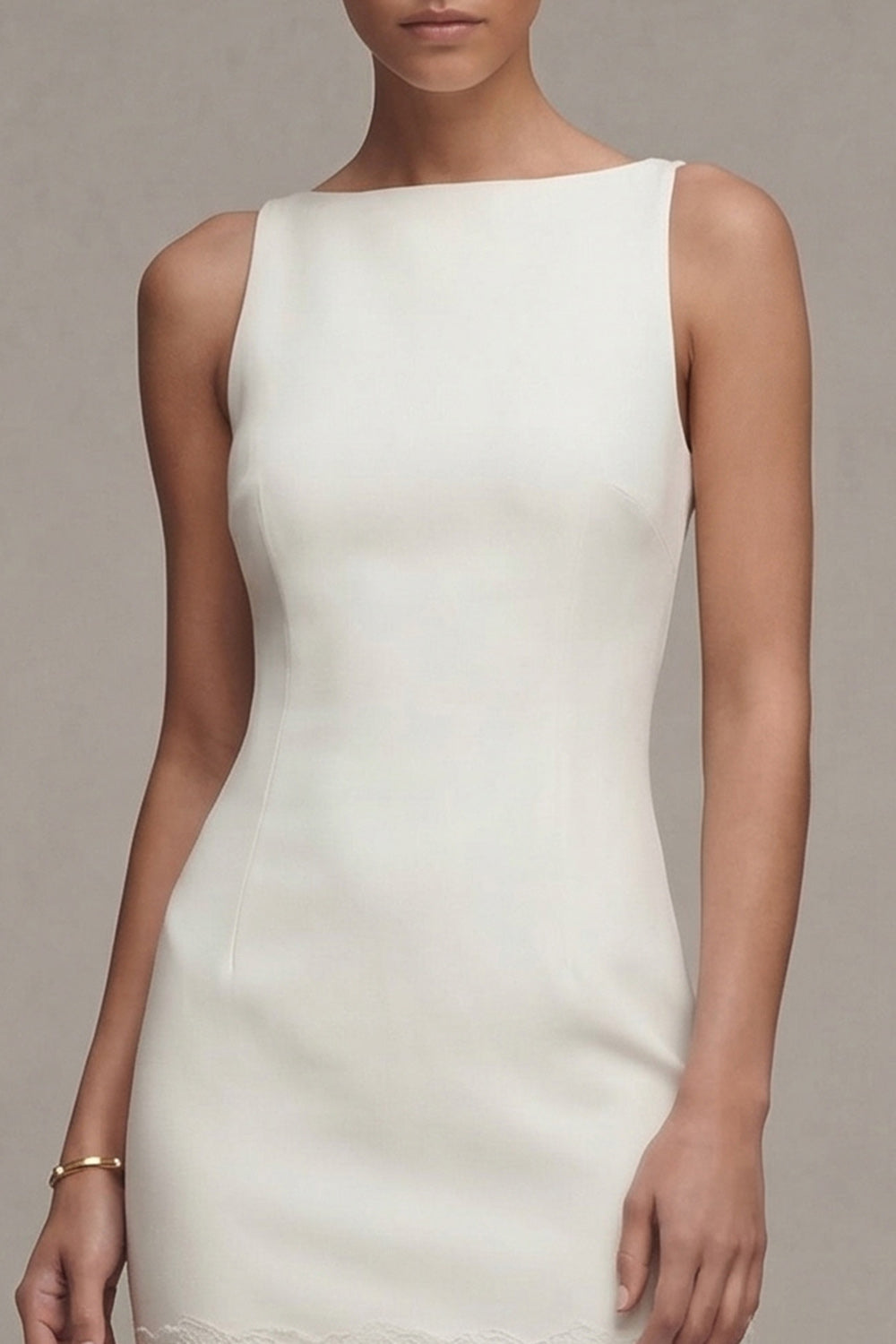 Bateau Neck Midi White Bodycon Engagement Dress