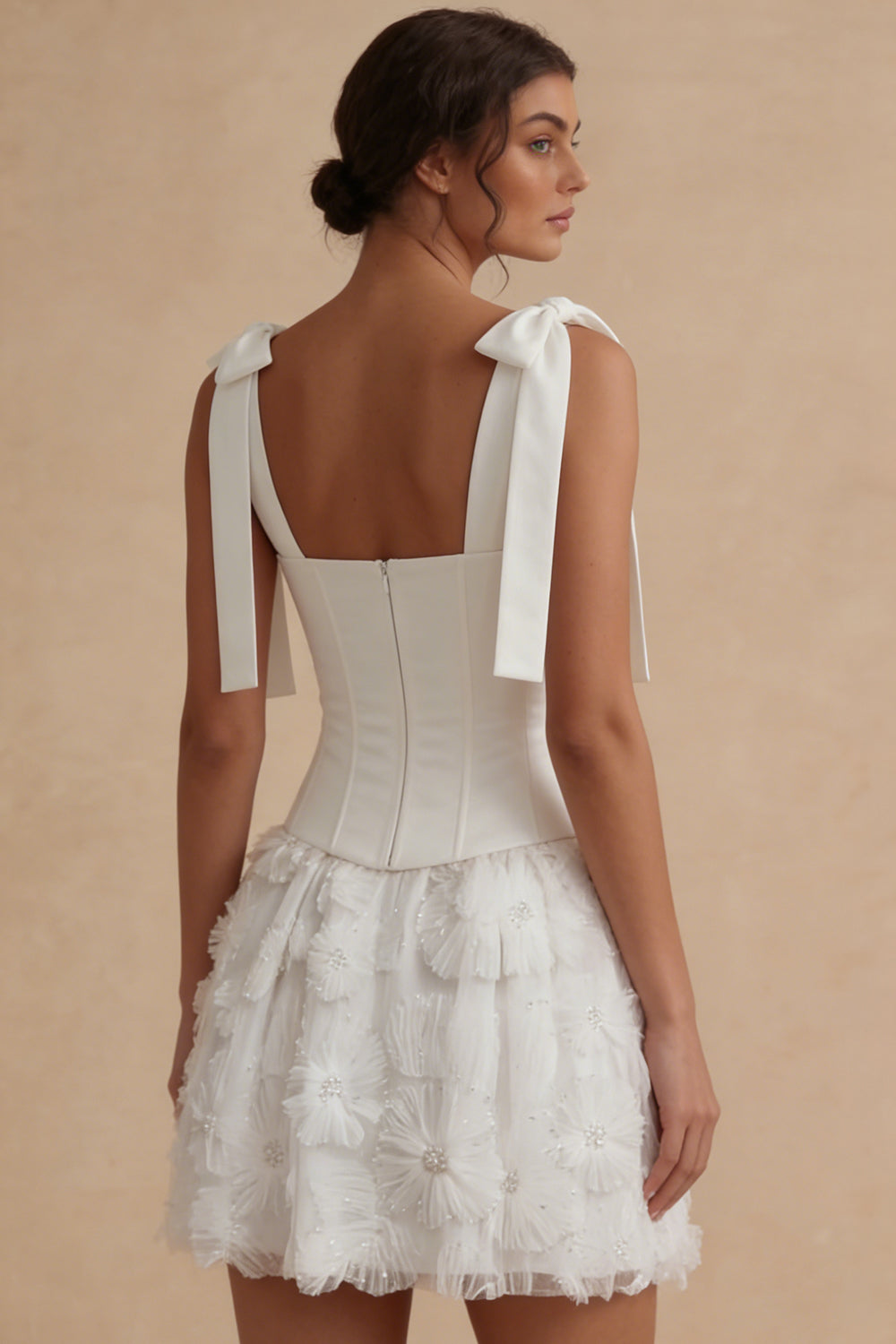 Corset Beaded A Line Floral Short White Graduation Dress with Bow