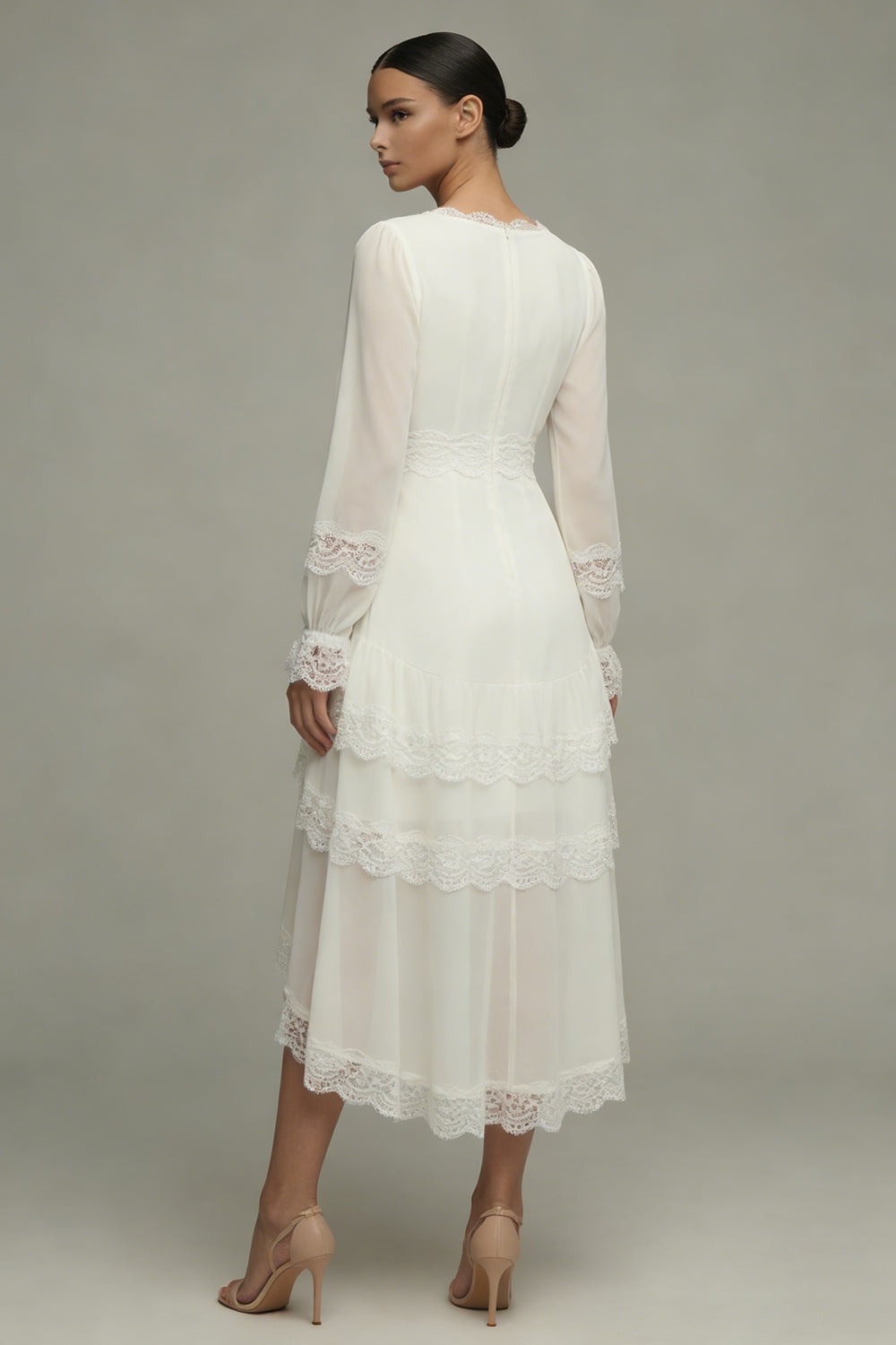 White A Line V-Neck Asymmetrical Ruffled Wedding Reception Dress with Lace