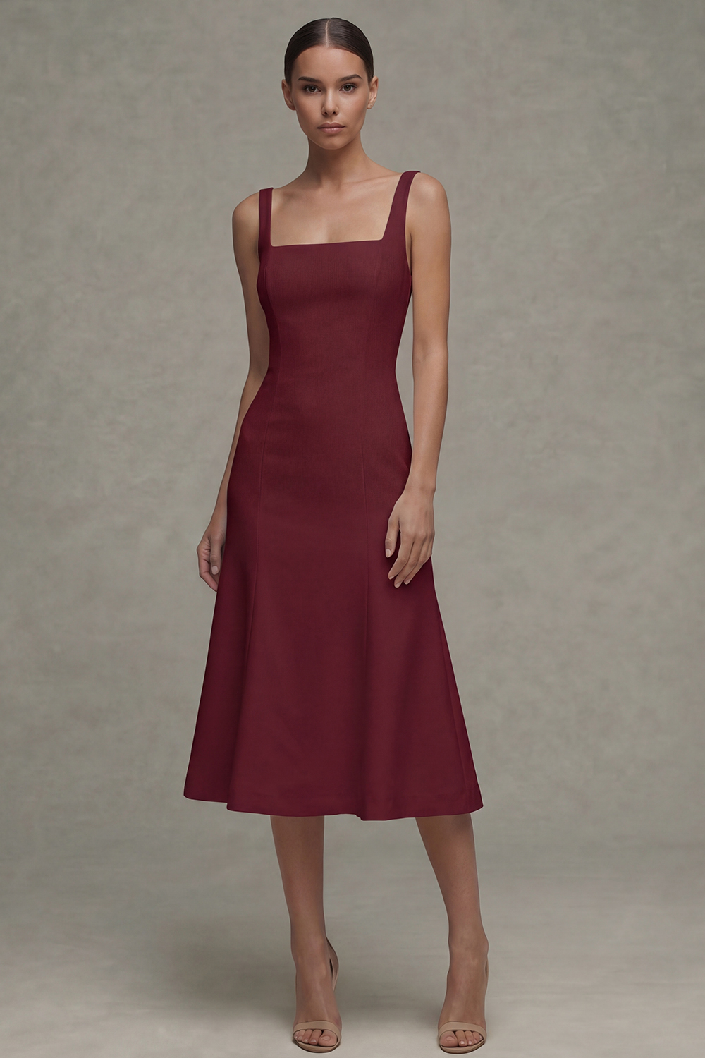 Square Neck Midi White A Line Rehearsal Dinner Dress