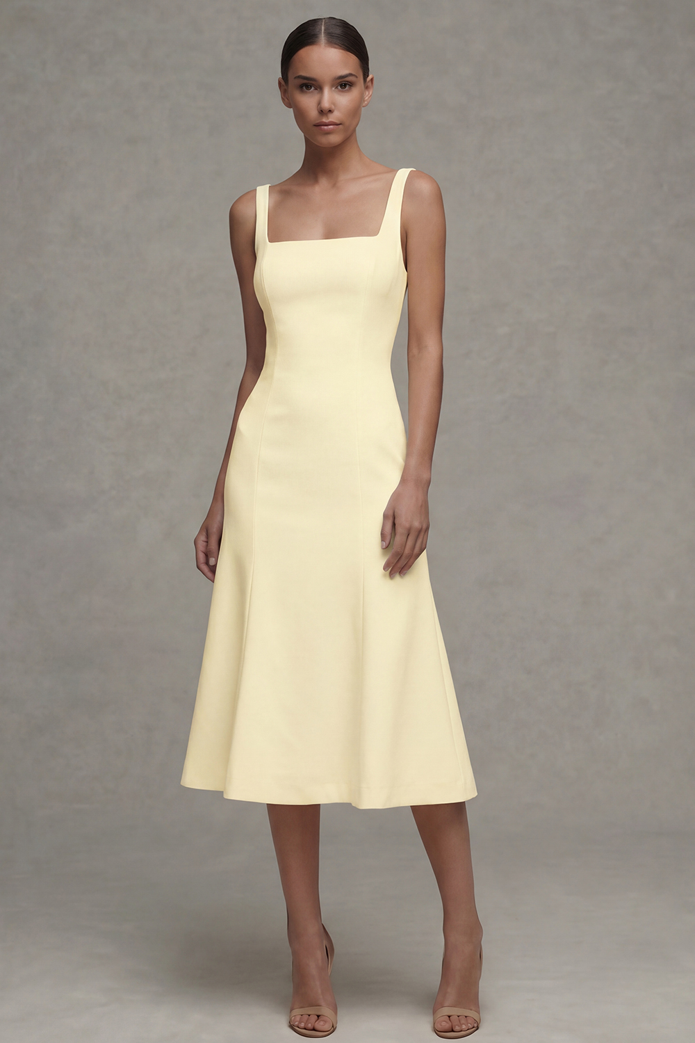 Square Neck Midi White A Line Rehearsal Dinner Dress