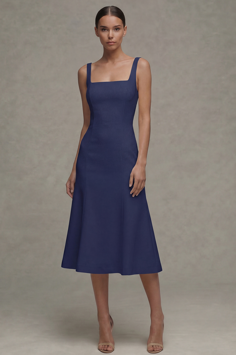 Square Neck Midi White A Line Rehearsal Dinner Dress