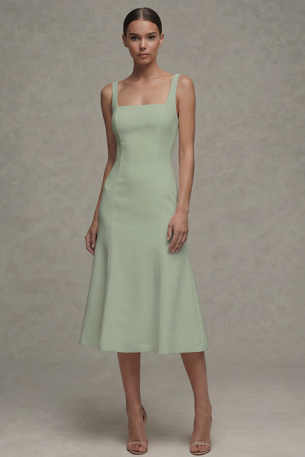 Square Neck Midi White A Line Rehearsal Dinner Dress