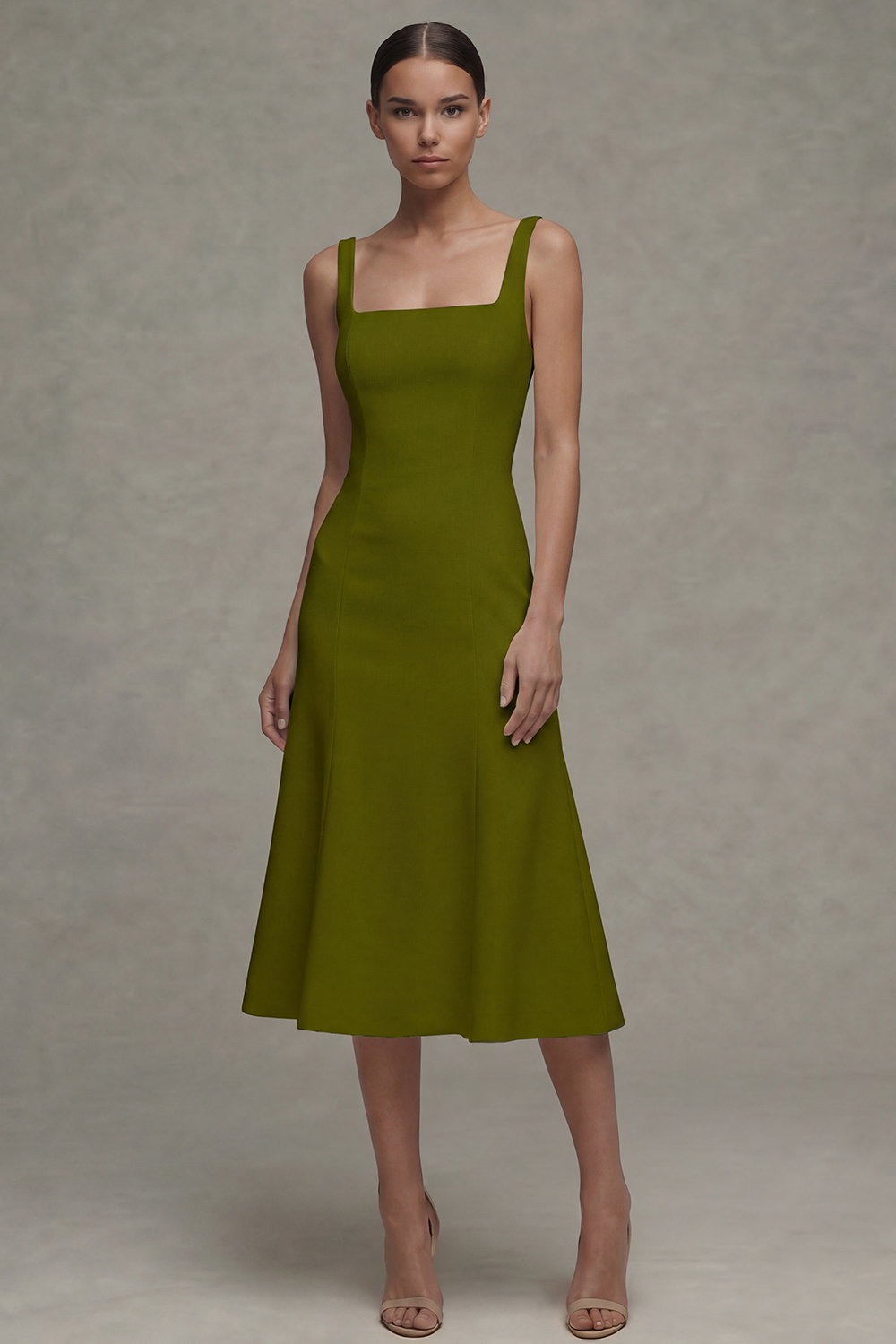 Square Neck Midi White A Line Rehearsal Dinner Dress