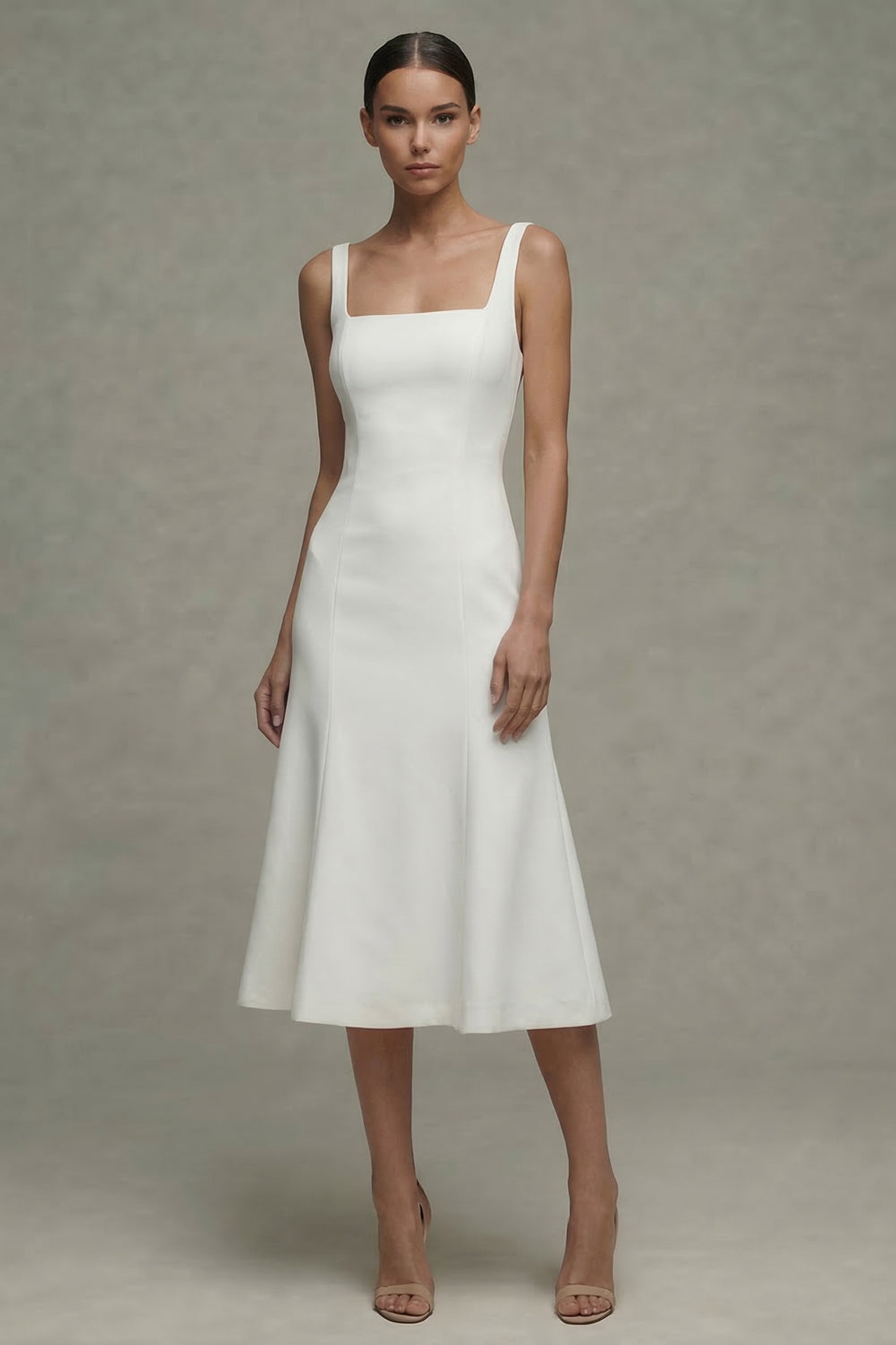 Square Neck Midi White A Line Bridal Shower Dress