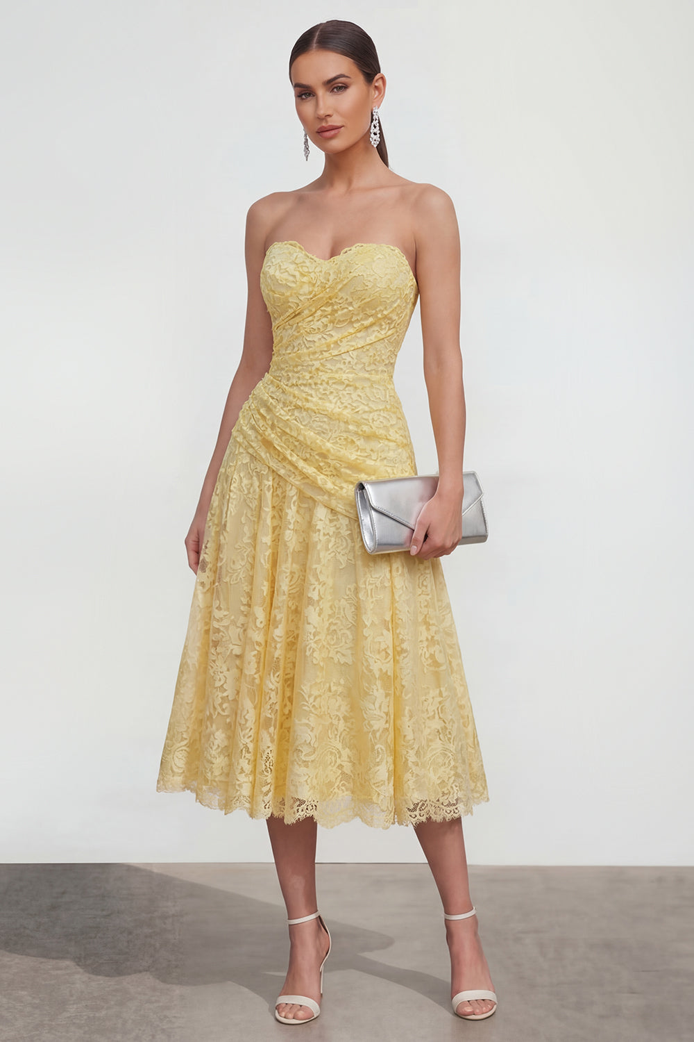Sweetheart Ruched Lace Floral Butter Yellow A Line Maxi Formal Dress