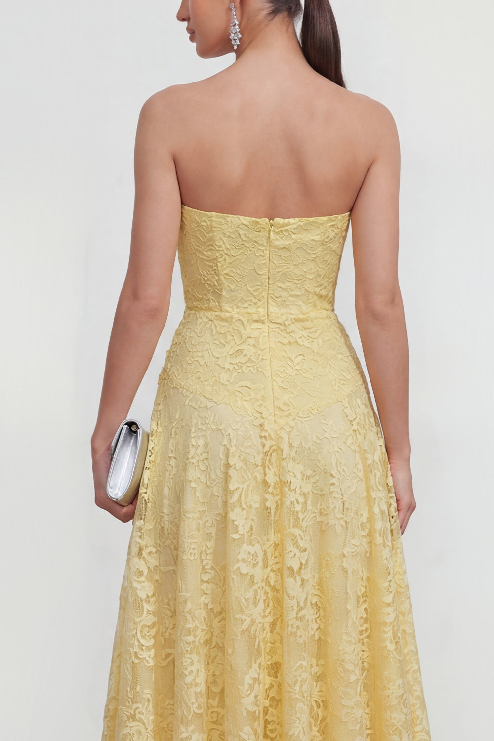 Sweetheart Ruched Lace Floral Butter Yellow A Line Maxi Formal Dress